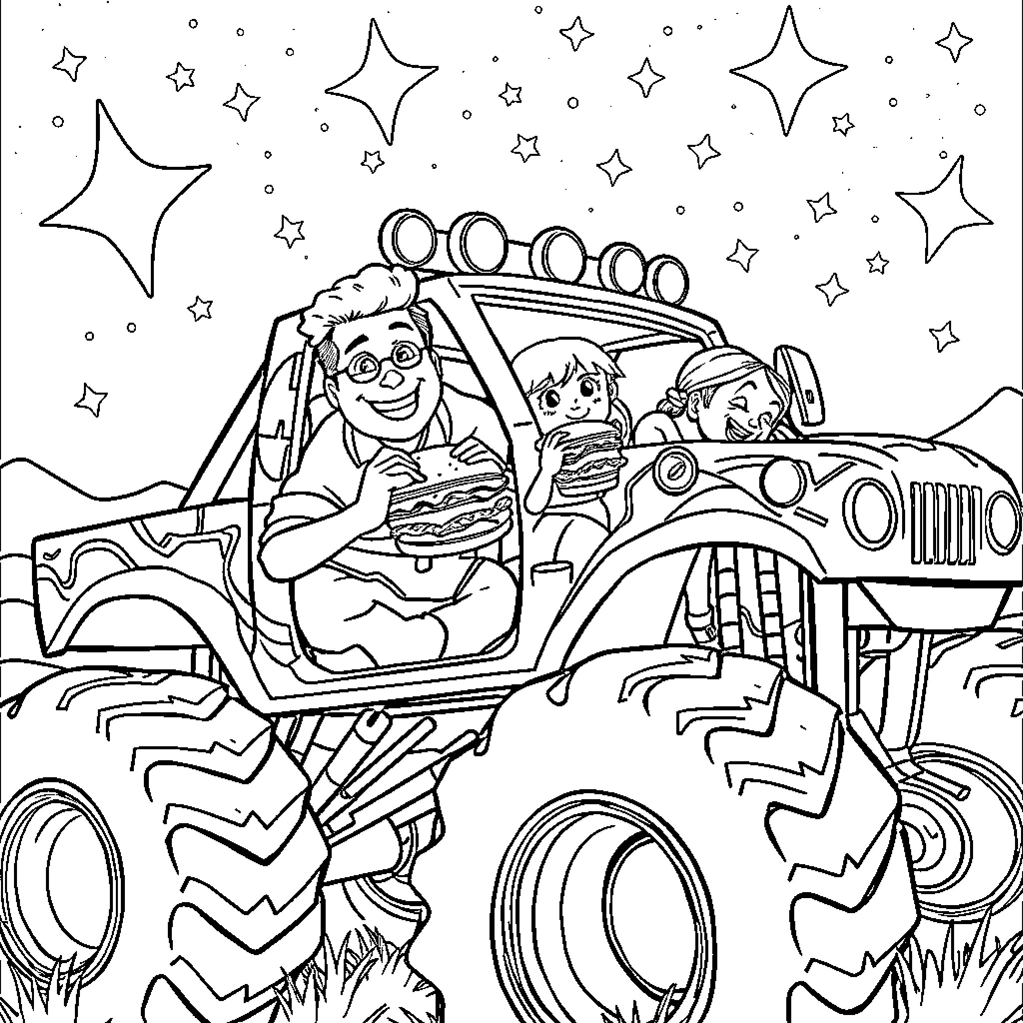 Monster Truck Driving Adventure with Friends Coloring Page (free black-and-white line drawing printable PDF for all, from beginners to advanced learners, including children, teens, adults, and seniors)