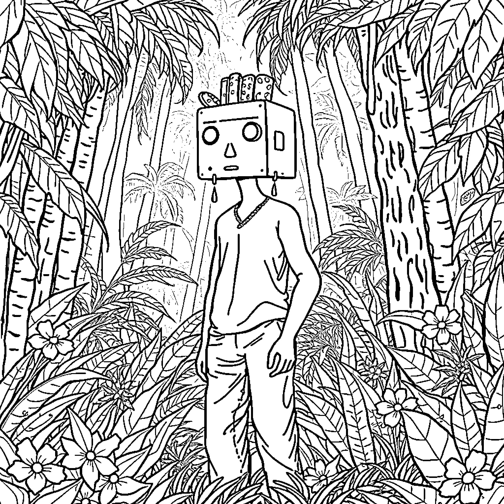 Man with robot head wandering in lush jungle Coloring Page (free black-and-white line drawing printable PDF for all, from beginners to advanced learners, including children, teens, adults, and seniors)