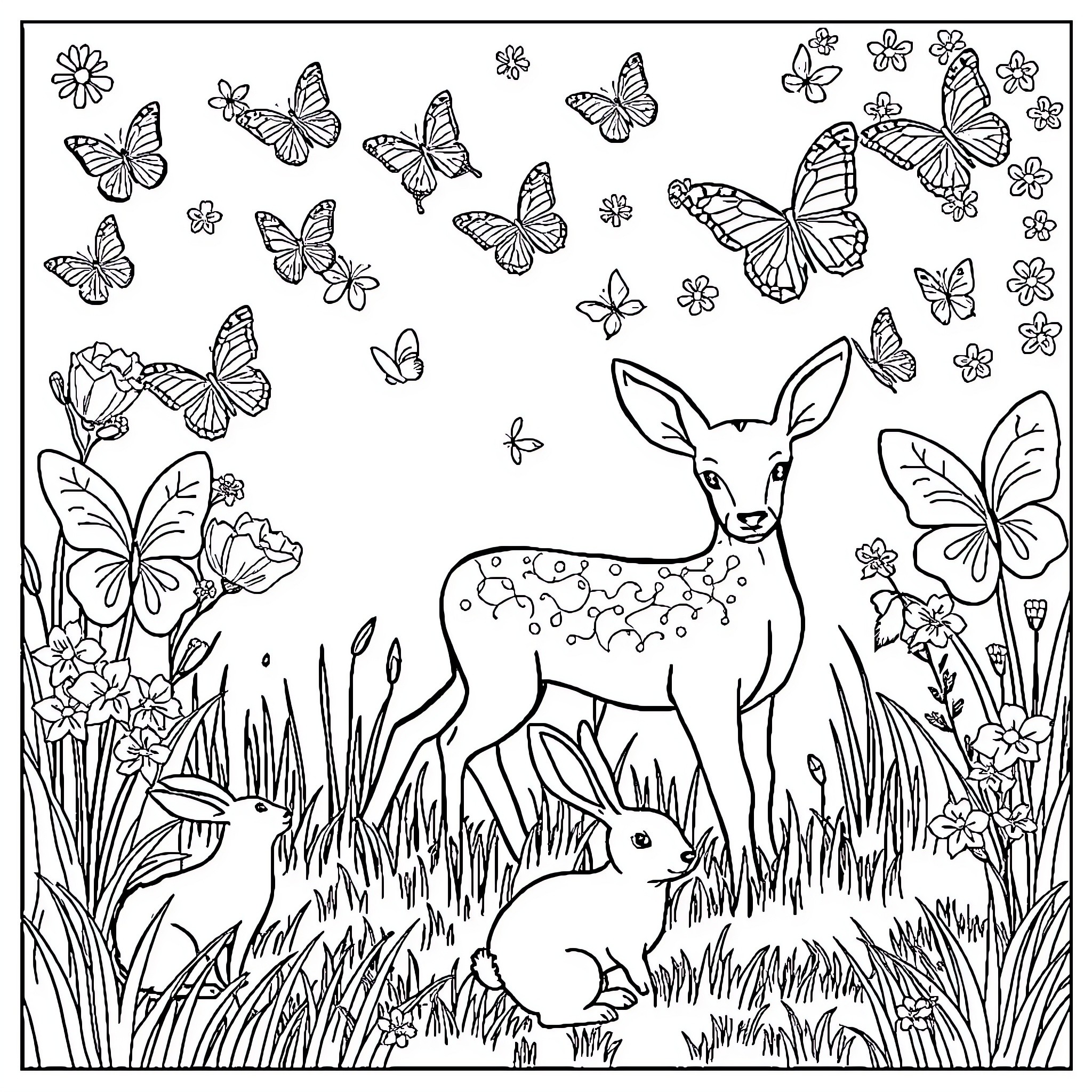 Butterfly meadow with deer and rabbit Coloring Page (free black-and-white line drawing printable PDF for all, from beginners to advanced learners, including children, teens, adults, and seniors)