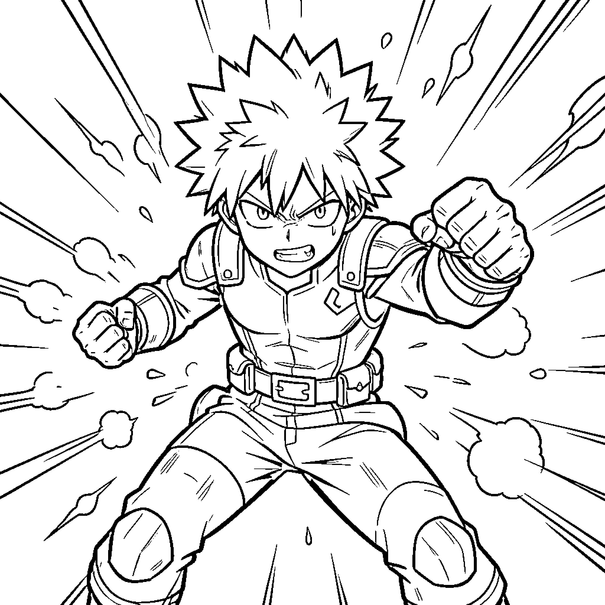 Bakugo in action-packed hero pose Coloring Page (free black-and-white line drawing printable PDF for all, from beginners to advanced learners, including children, teens, adults, and seniors)