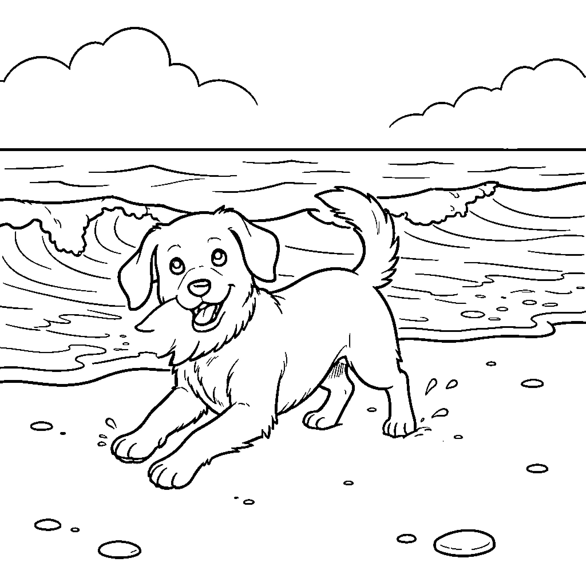 Bingo the puppy running joyfully on the beach Coloring Page (free black-and-white line drawing printable PDF for all, from beginners to advanced learners, including children, teens, adults, and seniors)