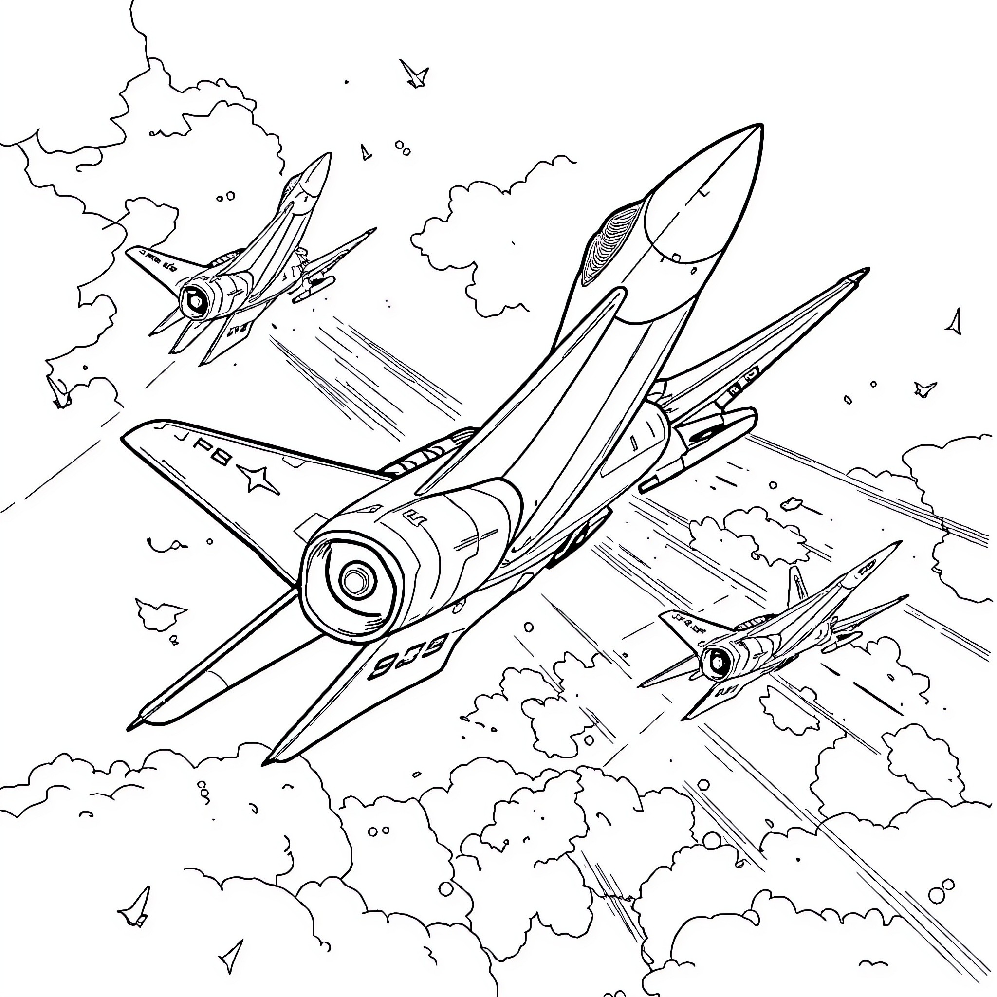 Top Gun: Aerial Maneuvers and Dogfights Coloring Page (free black-and-white line drawing printable PDF for all, from beginners to advanced learners, including children, teens, adults, and seniors)