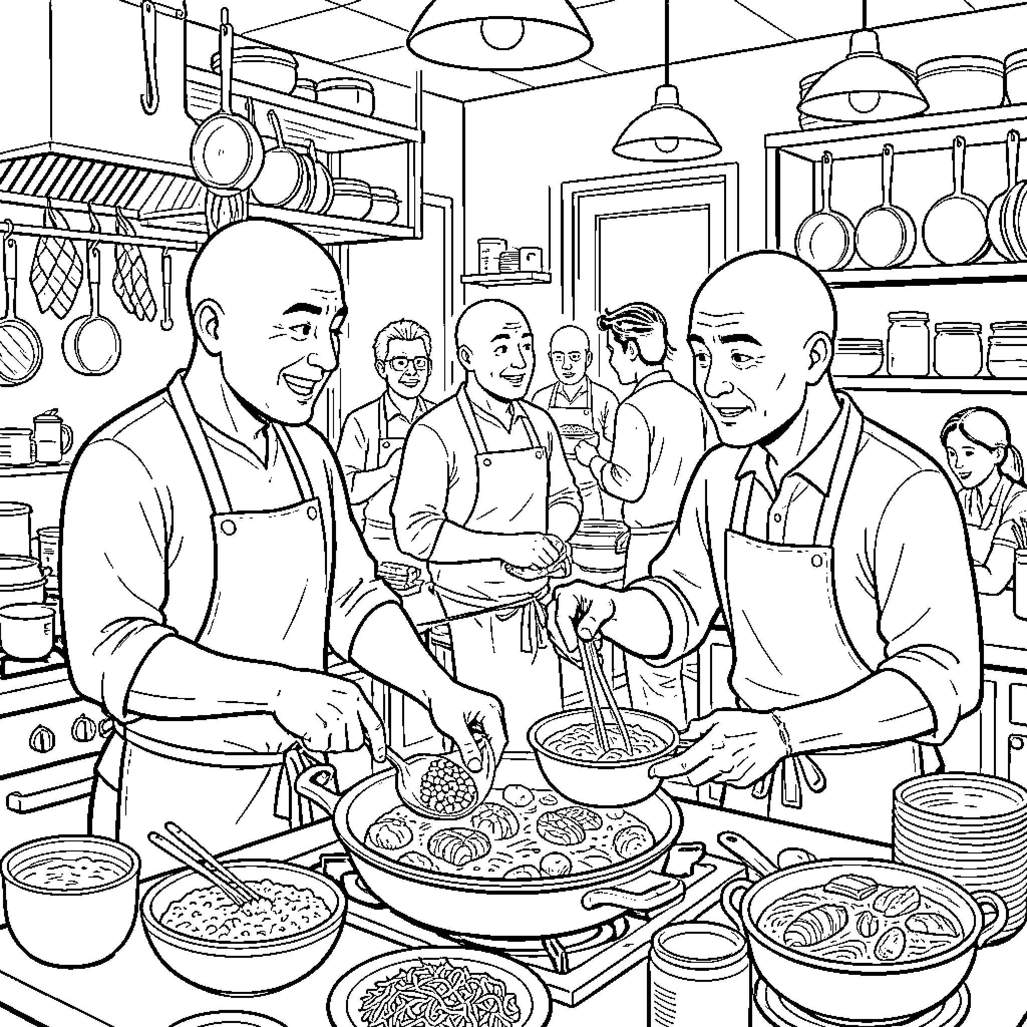 Bald Men Cooking and Preparing Meals in a Kitchen Coloring Page (free black-and-white line drawing printable PDF for all, from beginners to advanced learners, including children, teens, adults, and seniors)
