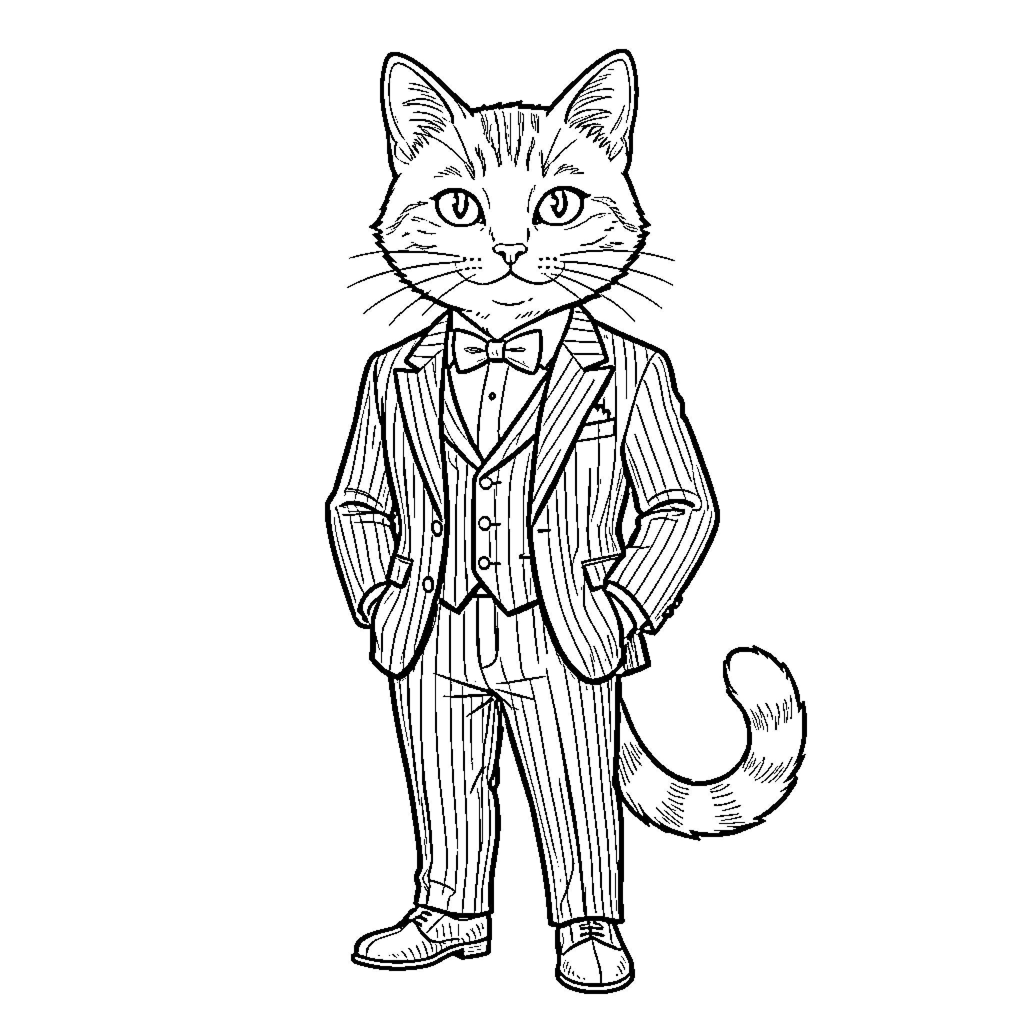 Cat dressed in formal attire with bowtie Coloring Page (free black-and-white line drawing printable PDF for all, from beginners to advanced learners, including children, teens, adults, and seniors)