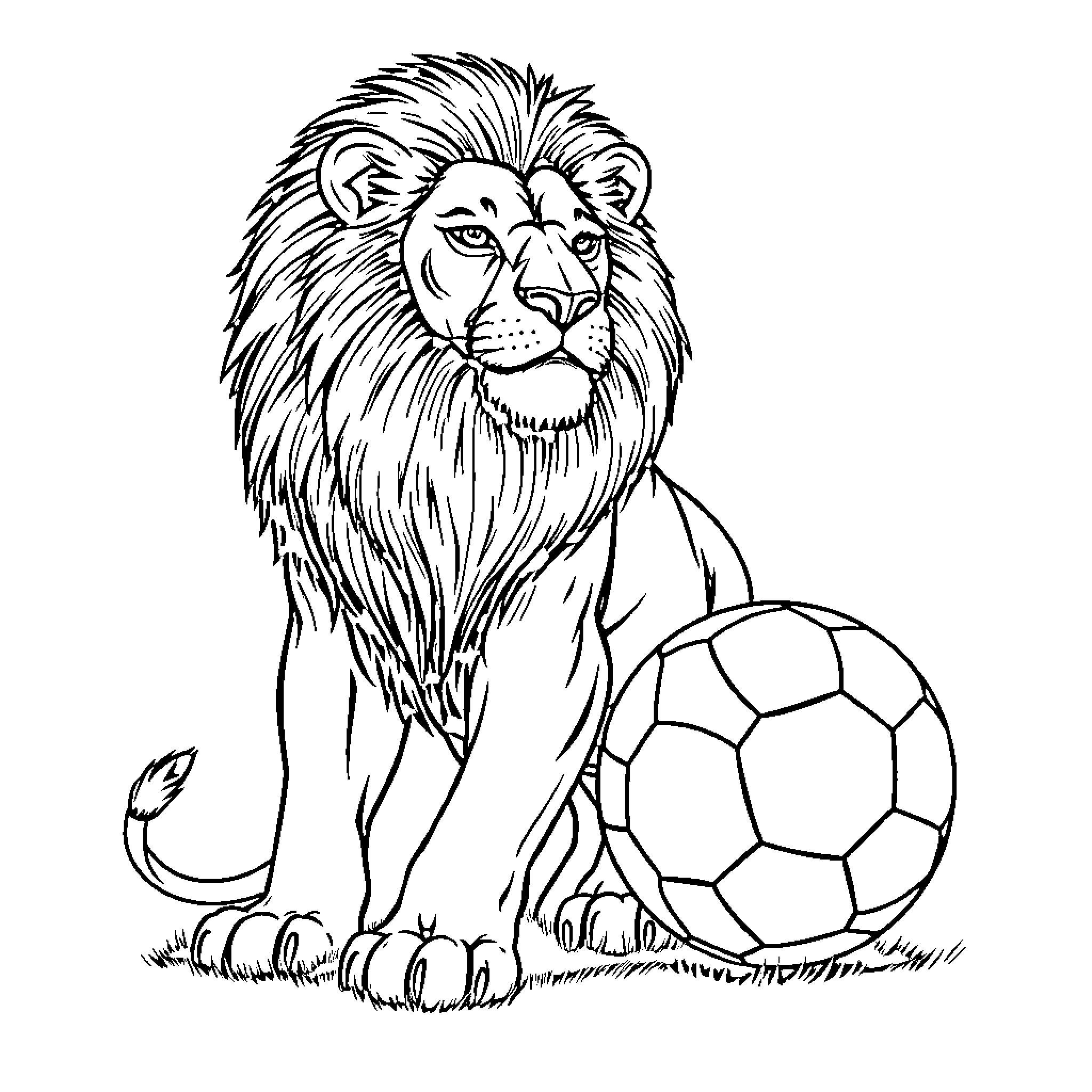 Lion sitting with a soccer ball Coloring Page (free black-and-white line drawing printable PDF for all, from beginners to advanced learners, including children, teens, adults, and seniors)