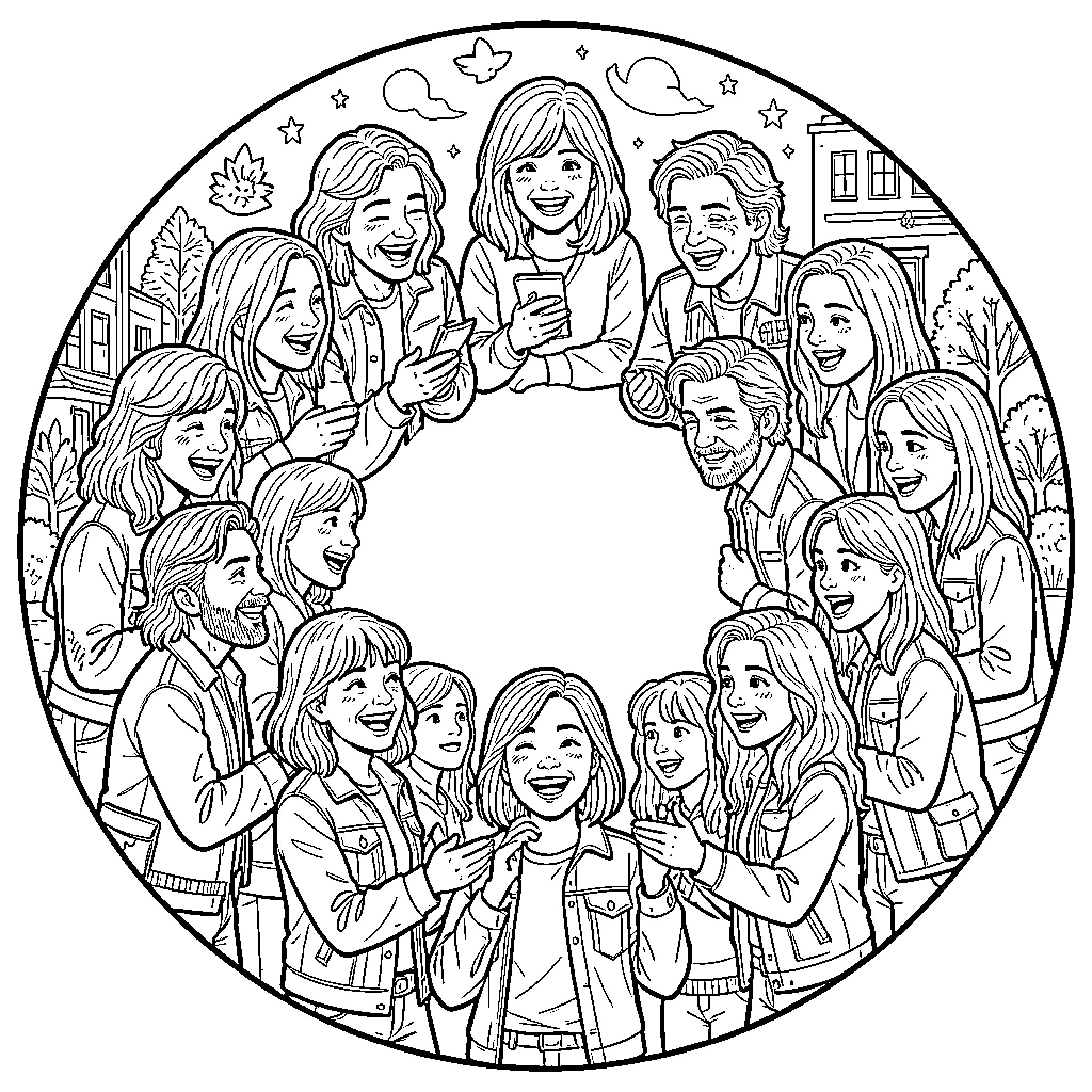 Stranger Things Friends Gather for a Celebration Coloring Page (free black-and-white line drawing printable PDF for all, from beginners to advanced learners, including children, teens, adults, and seniors)
