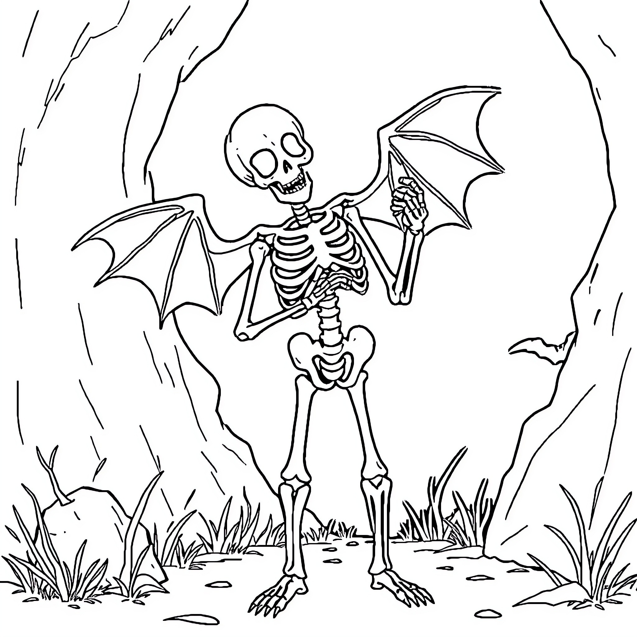 Skeleton with bat wings exploring the forest Coloring Page (free black-and-white line drawing printable PDF for all, from beginners to advanced learners, including children, teens, adults, and seniors)