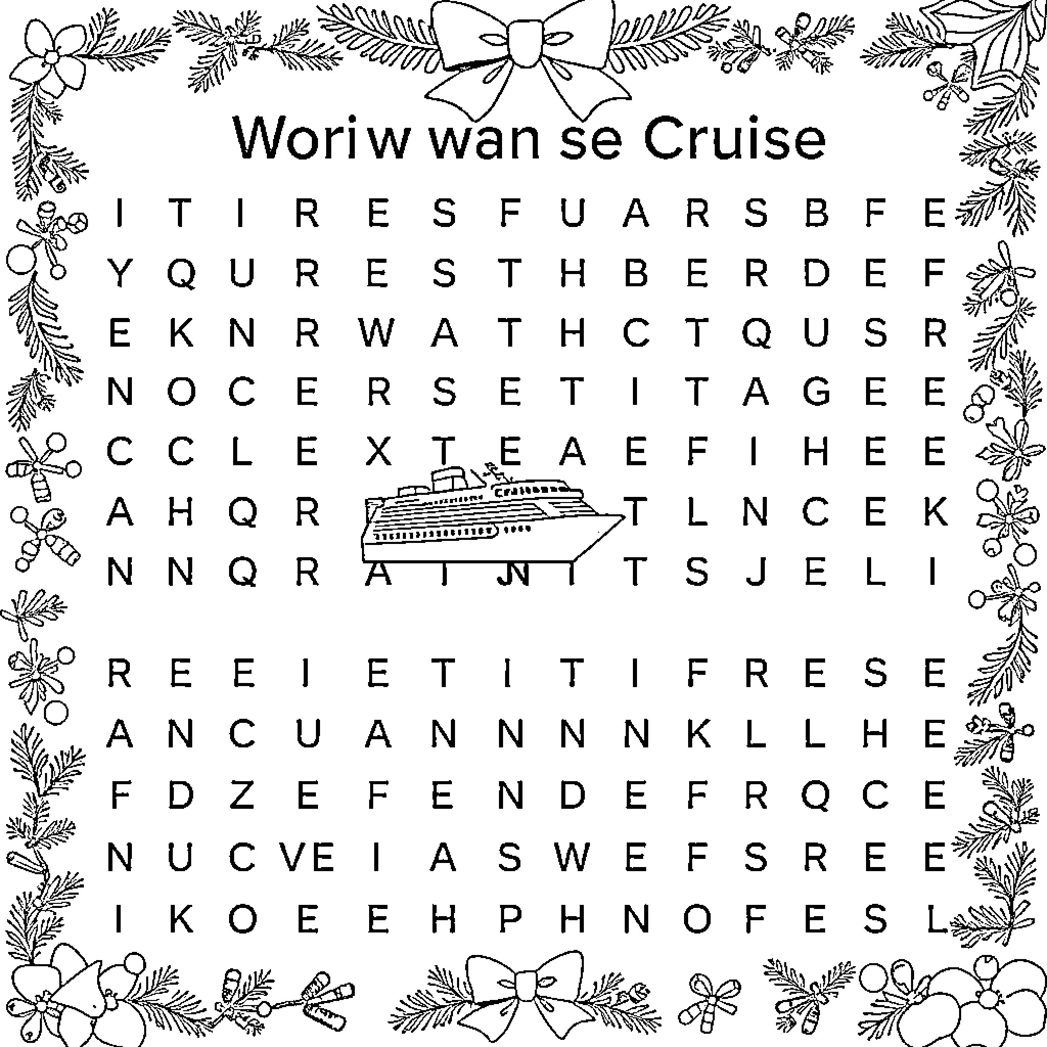 Word Search Cruise Ship Themed Coloring Page (free black-and-white line drawing printable PDF for all, from beginners to advanced learners, including children, teens, adults, and seniors)
