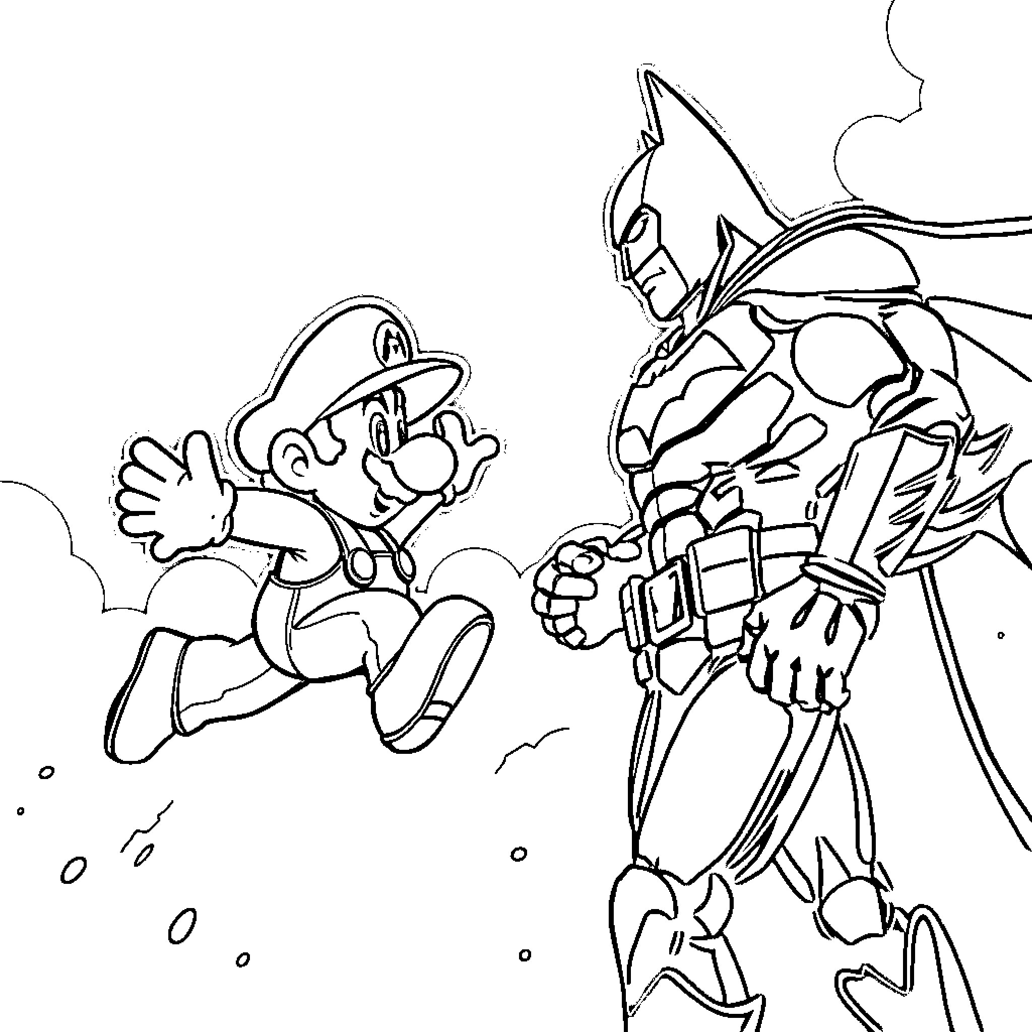 Mario Confronting a Fearsome Foe Coloring Page (free black-and-white line drawing printable PDF for all, from beginners to advanced learners, including children, teens, adults, and seniors)