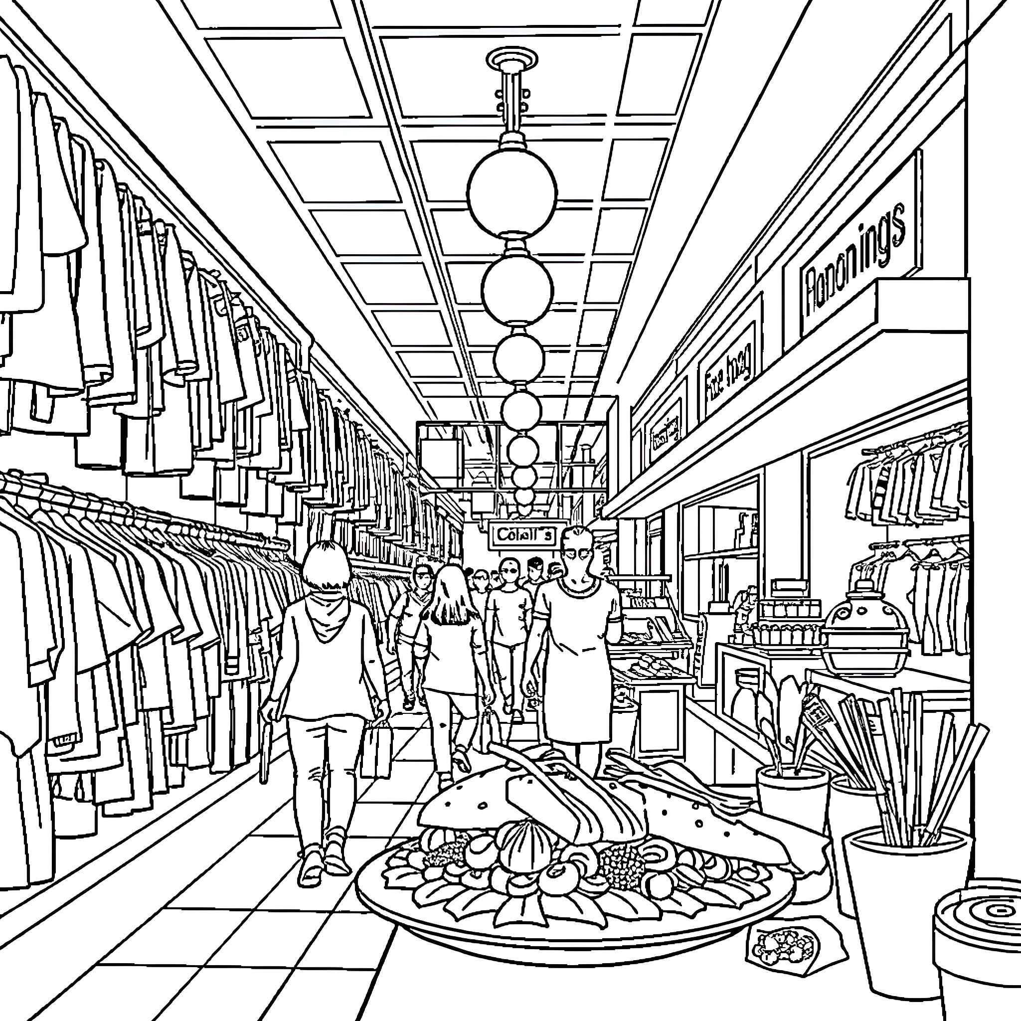 Clothing store with shoppers browsing merchandise Coloring Page (free black-and-white line drawing printable PDF for all, from beginners to advanced learners, including children, teens, adults, and seniors)