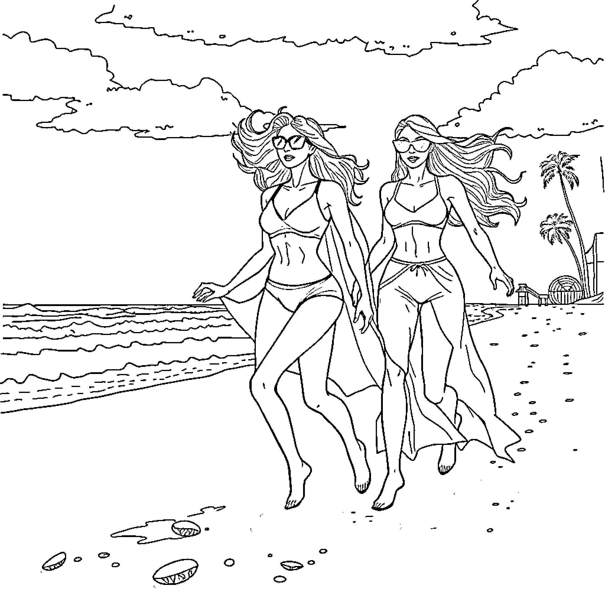 Superwoman's Beachside Stroll with a Friend Coloring Page (free black-and-white line drawing printable PDF for all, from beginners to advanced learners, including children, teens, adults, and seniors)