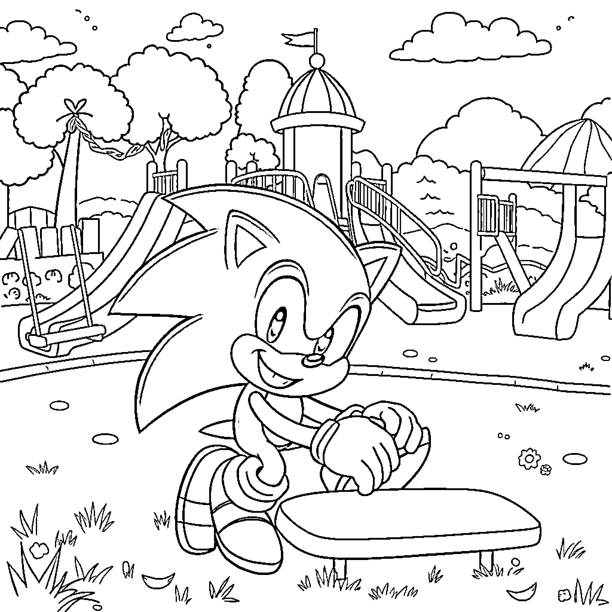 Sonic exploring a whimsical landscape Coloring Page (free black-and-white line drawing printable PDF for all, from beginners to advanced learners, including children, teens, adults, and seniors)