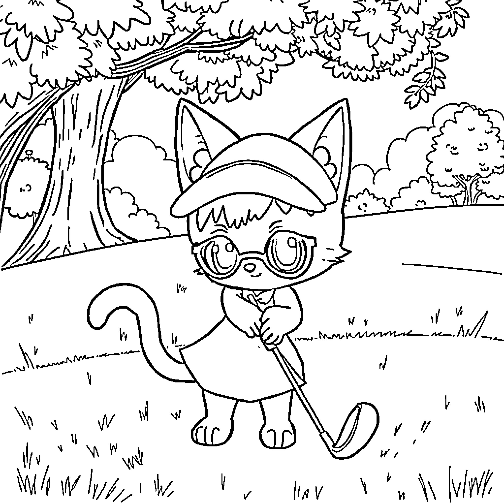 Kuromi exploring the enchanted forest Coloring Page (free black-and-white line drawing printable PDF for all, from beginners to advanced learners, including children, teens, adults, and seniors)