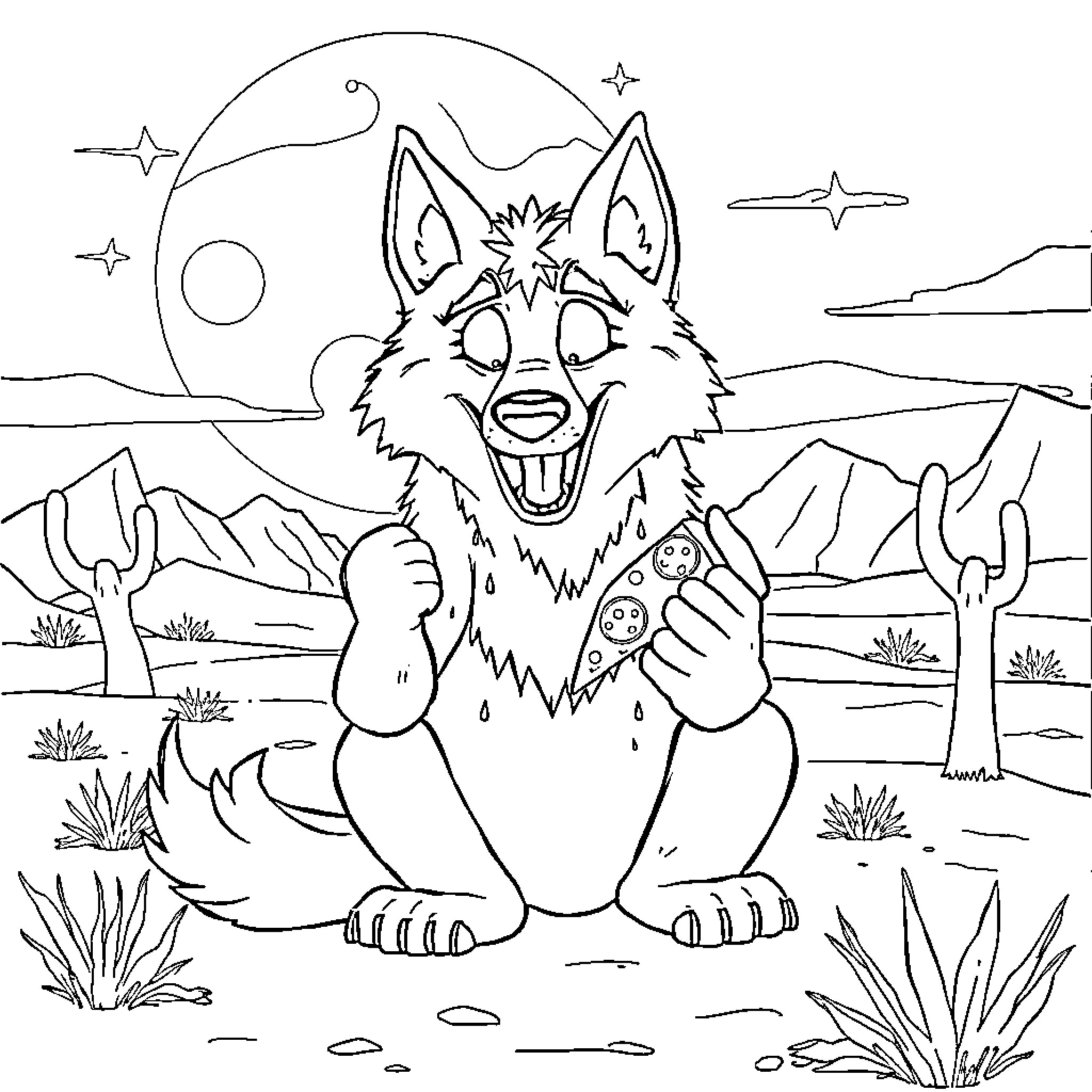 Wolf howling joyfully under the night sky Coloring Page (free black-and-white line drawing printable PDF for all, from beginners to advanced learners, including children, teens, adults, and seniors)