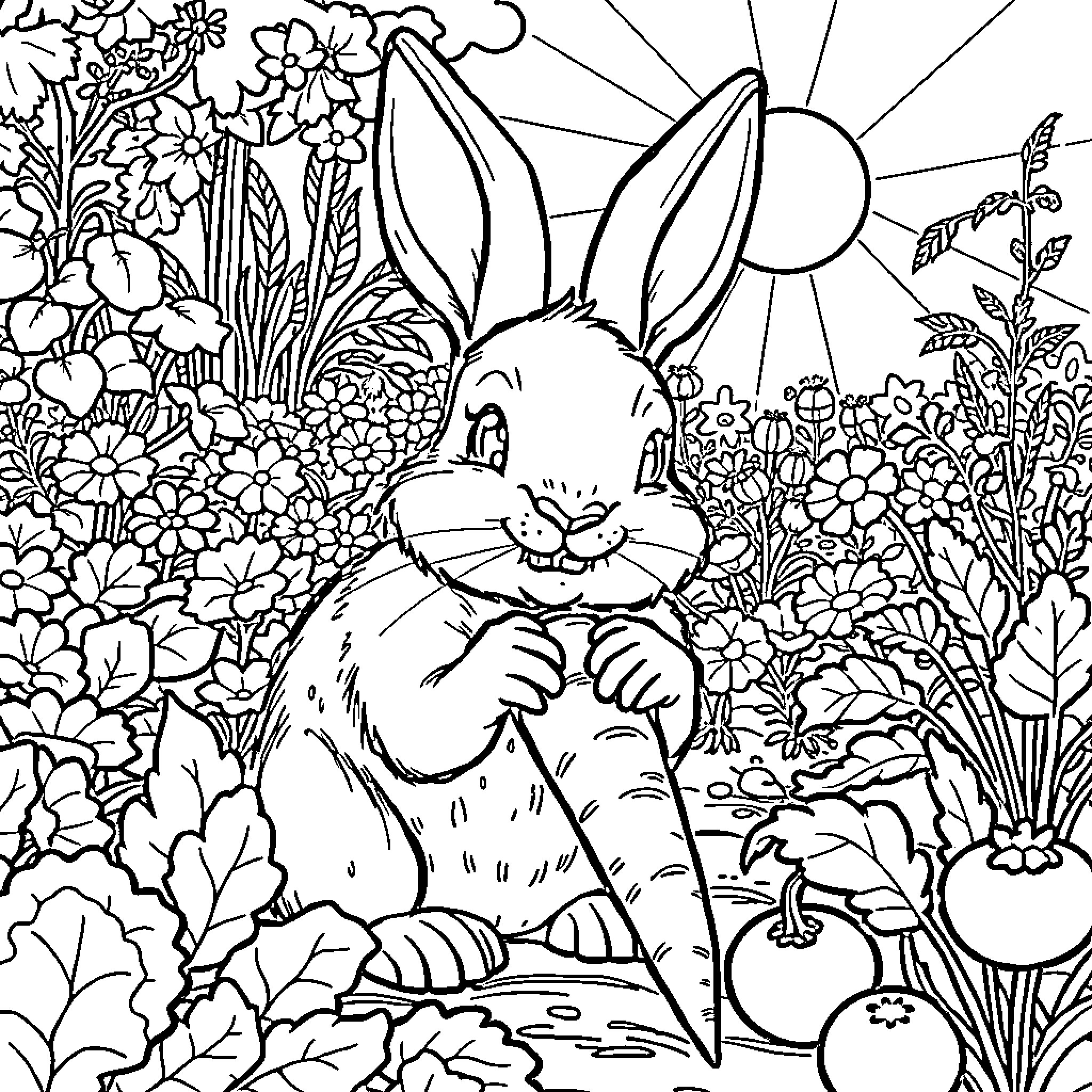 Rabbit exploring a vibrant garden Coloring Page (free black-and-white line drawing printable PDF for all, from beginners to advanced learners, including children, teens, adults, and seniors)