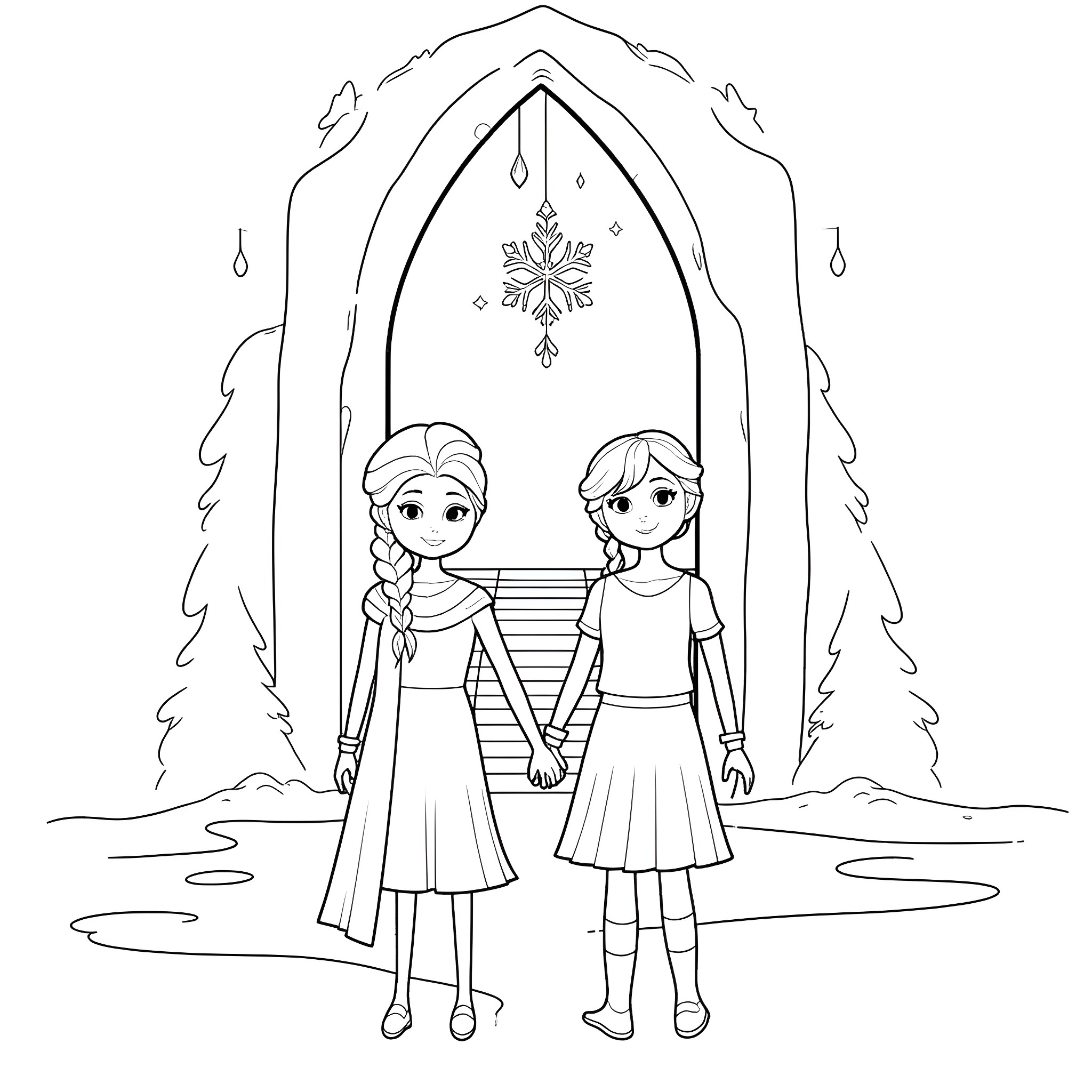 Elsa and Anna's winter adventure Coloring Page (free black-and-white line drawing printable PDF for all, from beginners to advanced learners, including children, teens, adults, and seniors)