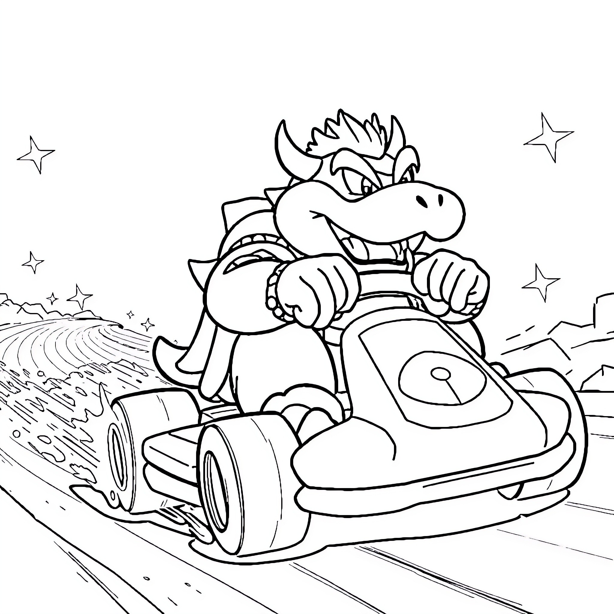 Bowser racing in his kart Coloring Page (free black-and-white line drawing printable PDF for all, from beginners to advanced learners, including children, teens, adults, and seniors)