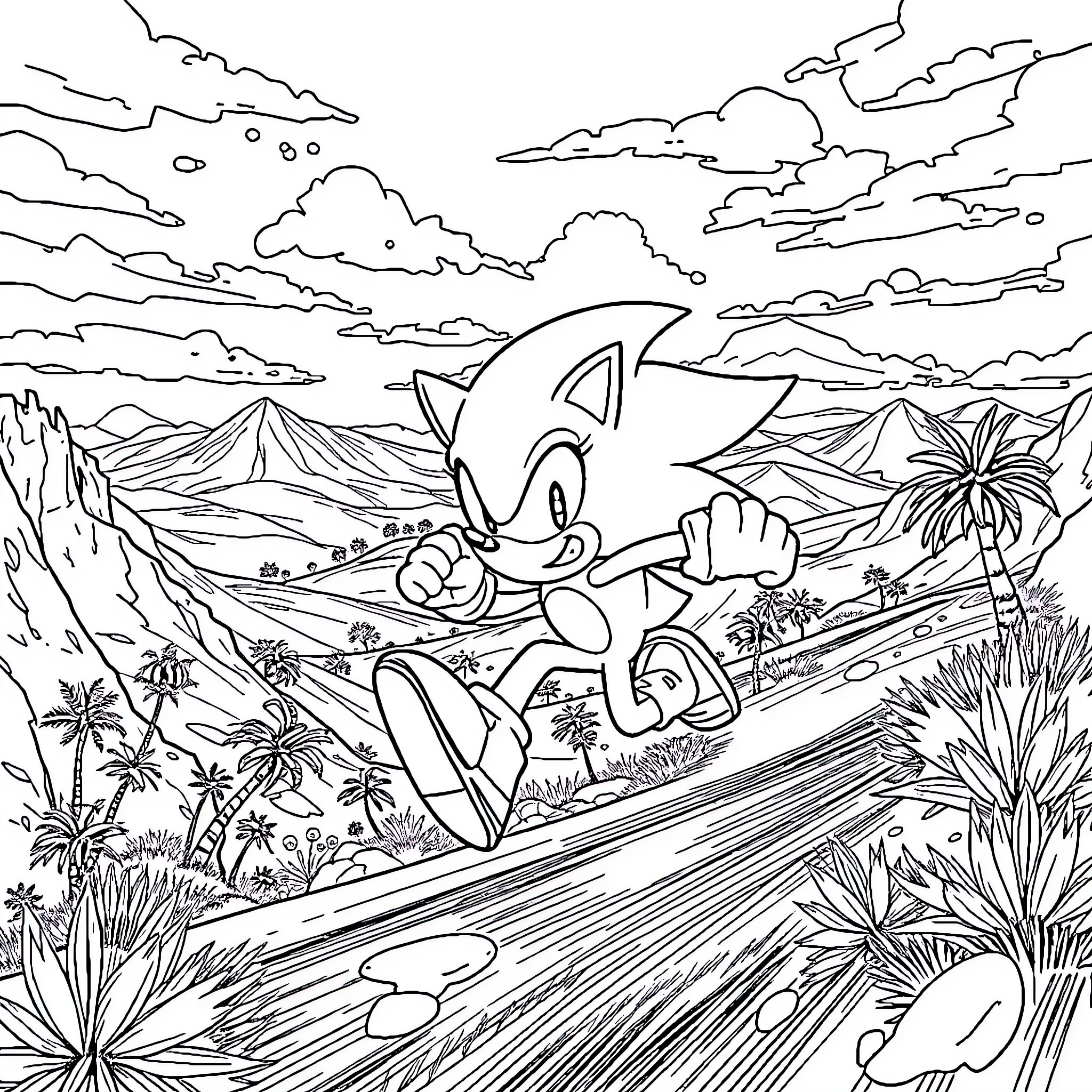 Sonic the Hedgehog racing through a tropical landscape Coloring Page (free black-and-white line drawing printable PDF for all, from beginners to advanced learners, including children, teens, adults, and seniors)