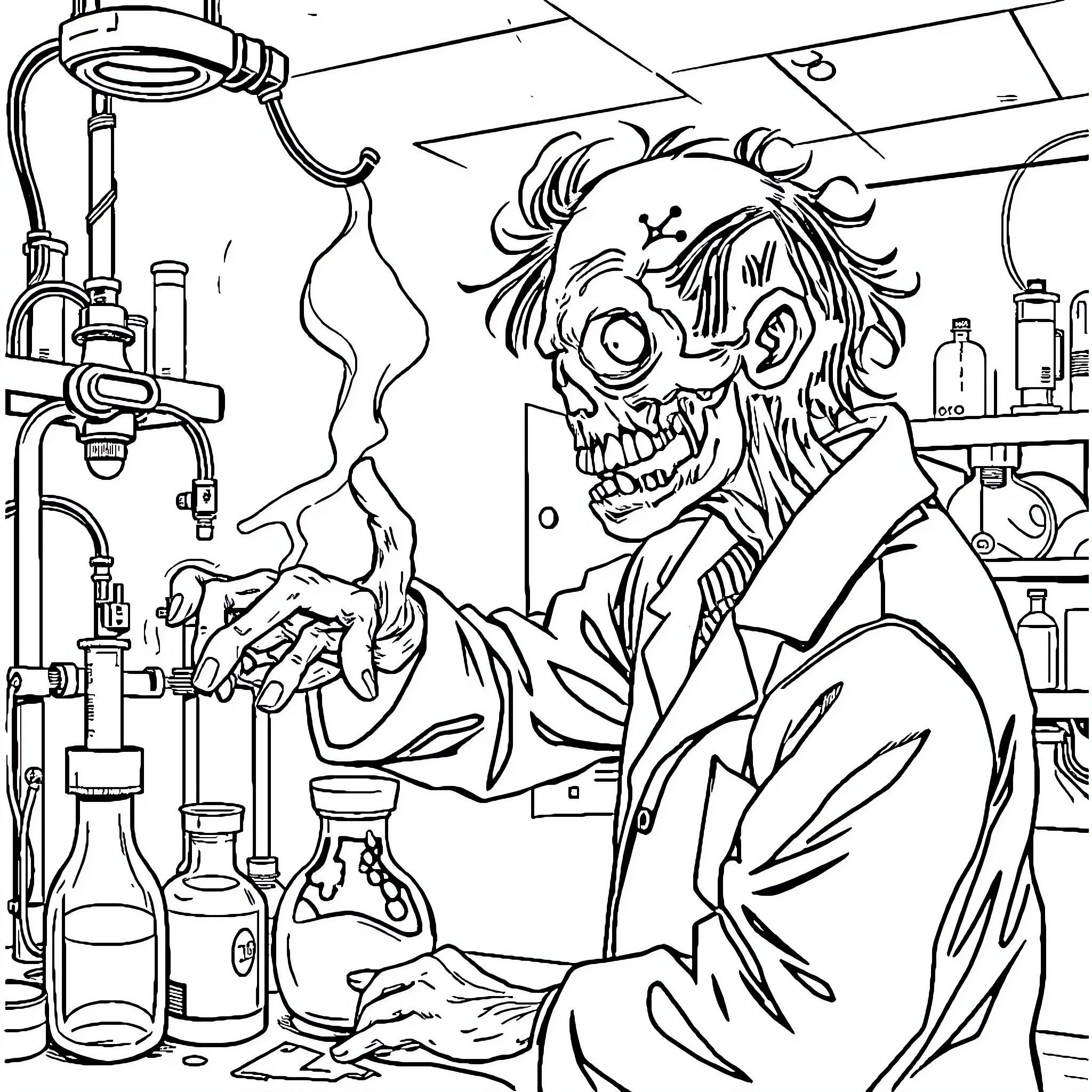 Zombie scientist conducting disturbing experiments in lab Coloring Page (free black-and-white line drawing printable PDF for all, from beginners to advanced learners, including children, teens, adults, and seniors)