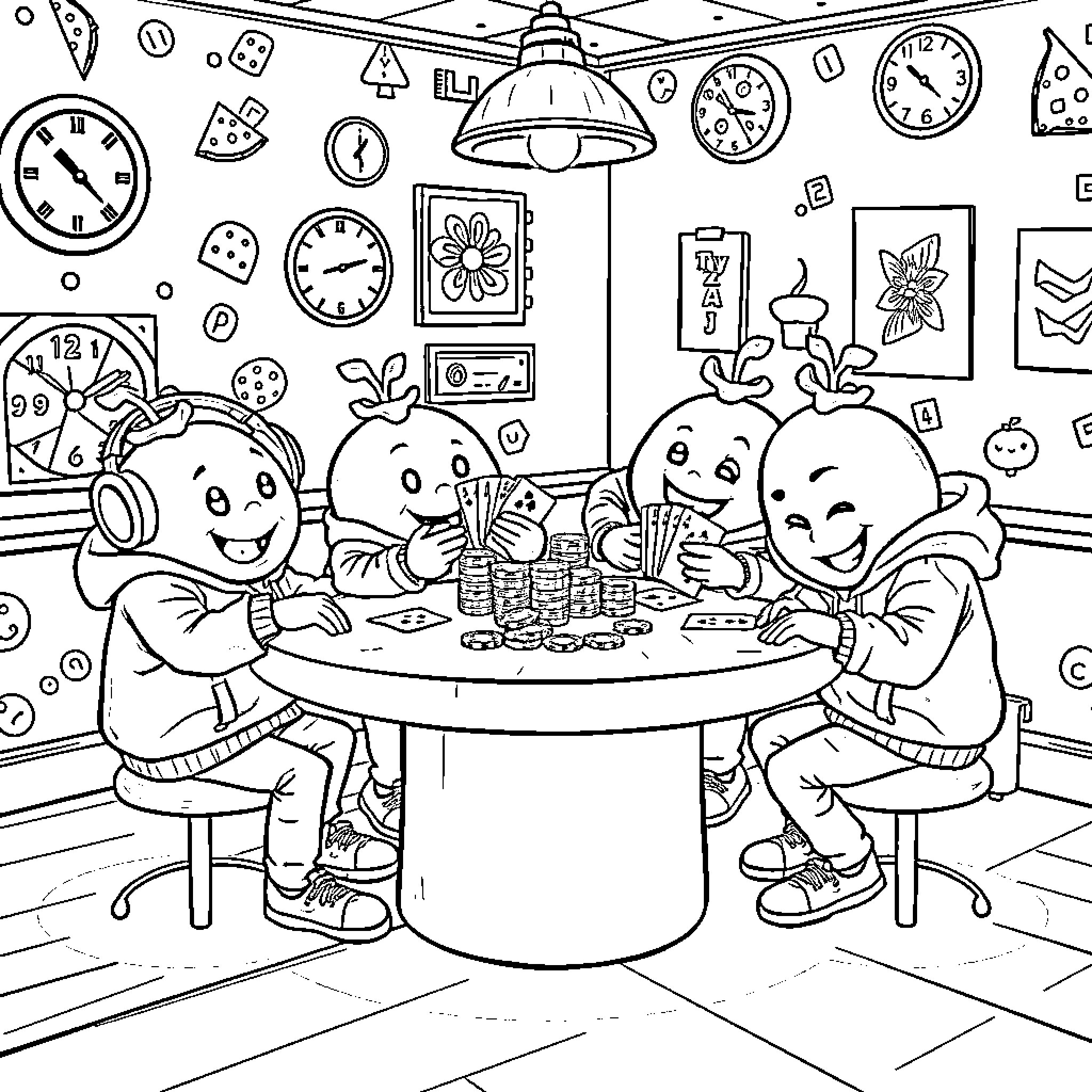 Tomato DJ having fun with friends in the studio Coloring Page (free black-and-white line drawing printable PDF for all, from beginners to advanced learners, including children, teens, adults, and seniors)