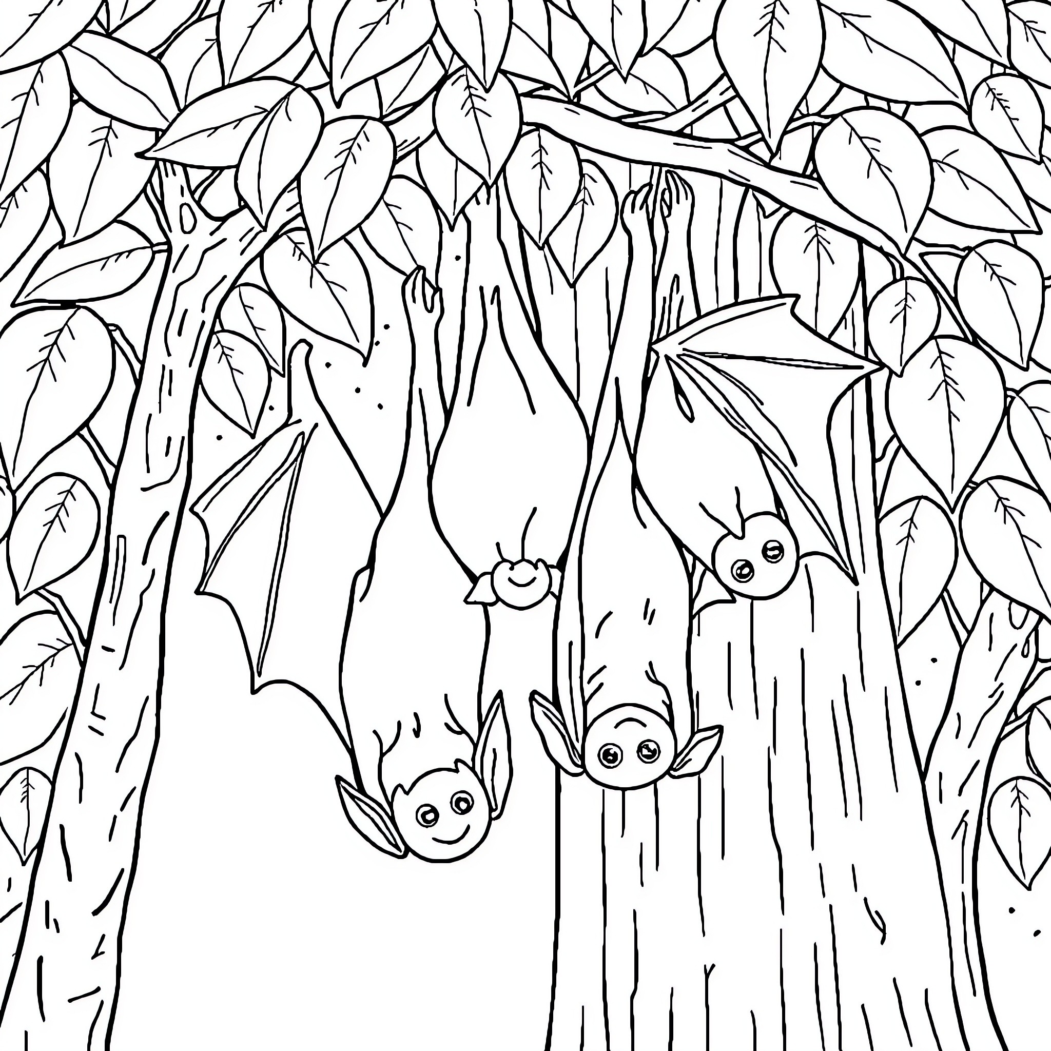 Fruit Bats Hanging in Foliage Coloring Page (free black-and-white line drawing printable PDF for all, from beginners to advanced learners, including children, teens, adults, and seniors)
