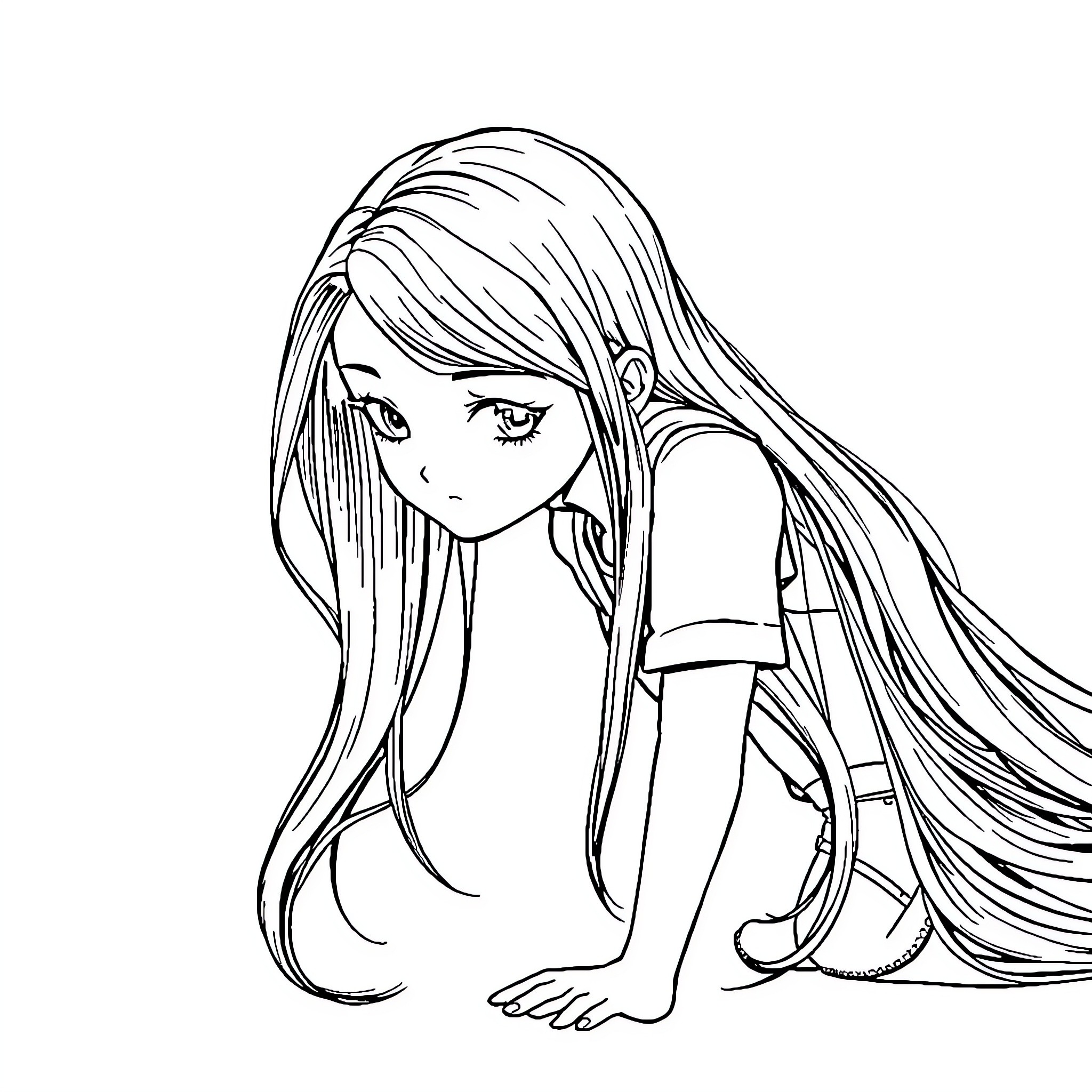 Girl with long hair in contemplative pose Coloring Page (free black-and-white line drawing printable PDF for all, from beginners to advanced learners, including children, teens, adults, and seniors)