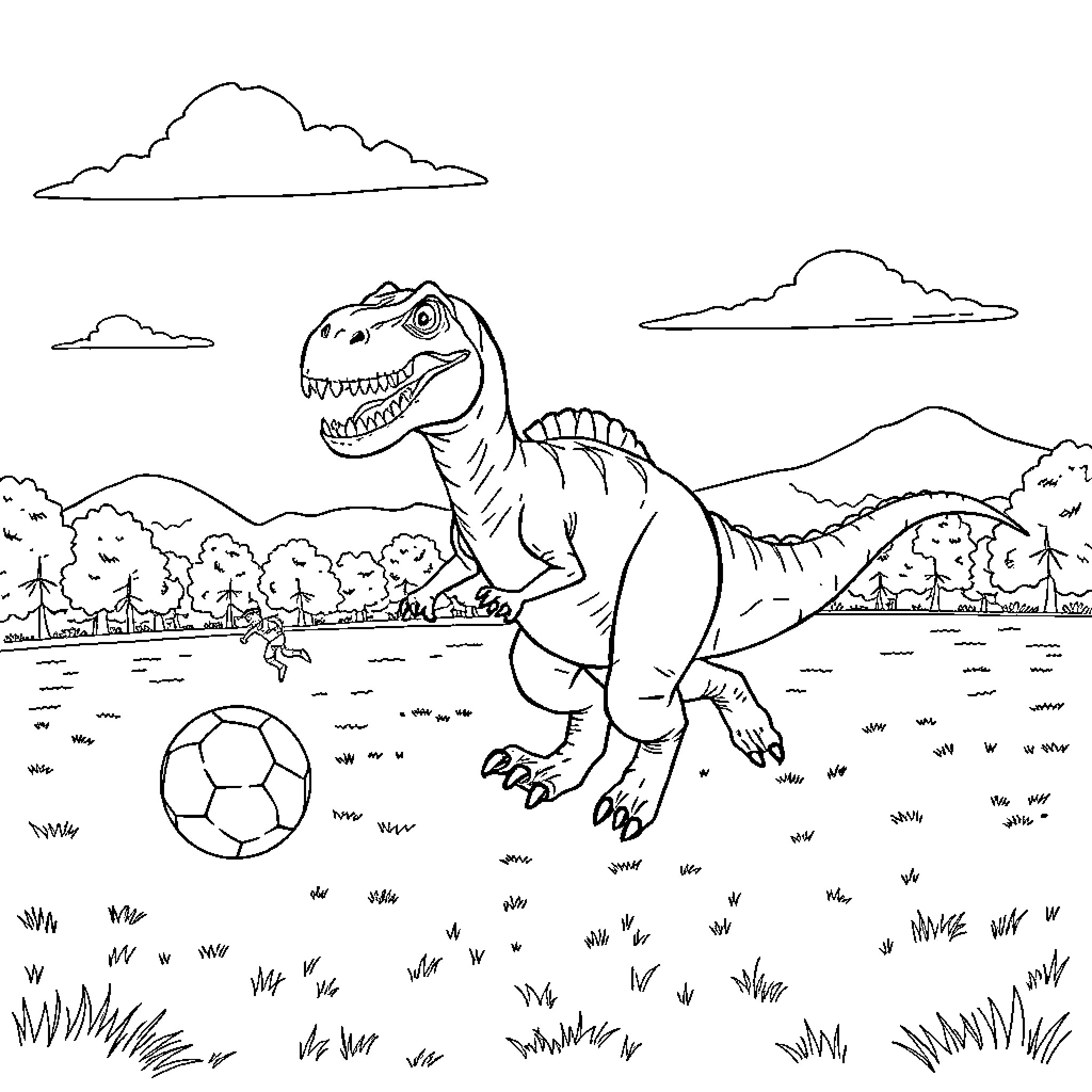 Dinosaur playing with soccer ball in field Coloring Page (free black-and-white line drawing printable PDF for all, from beginners to advanced learners, including children, teens, adults, and seniors)