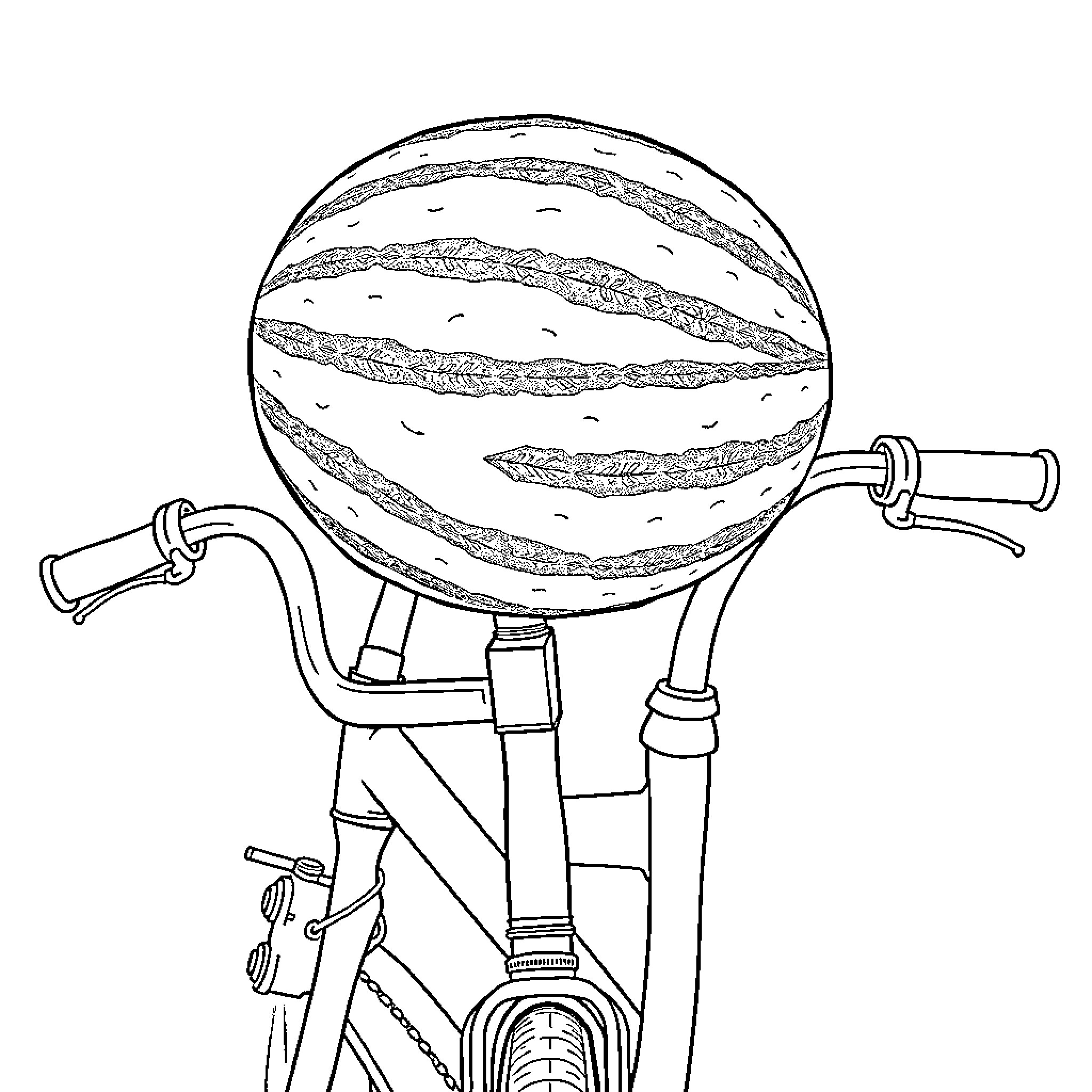 Watermelon transported by bicycle Coloring Page (free black-and-white line drawing printable PDF for all, from beginners to advanced learners, including children, teens, adults, and seniors)