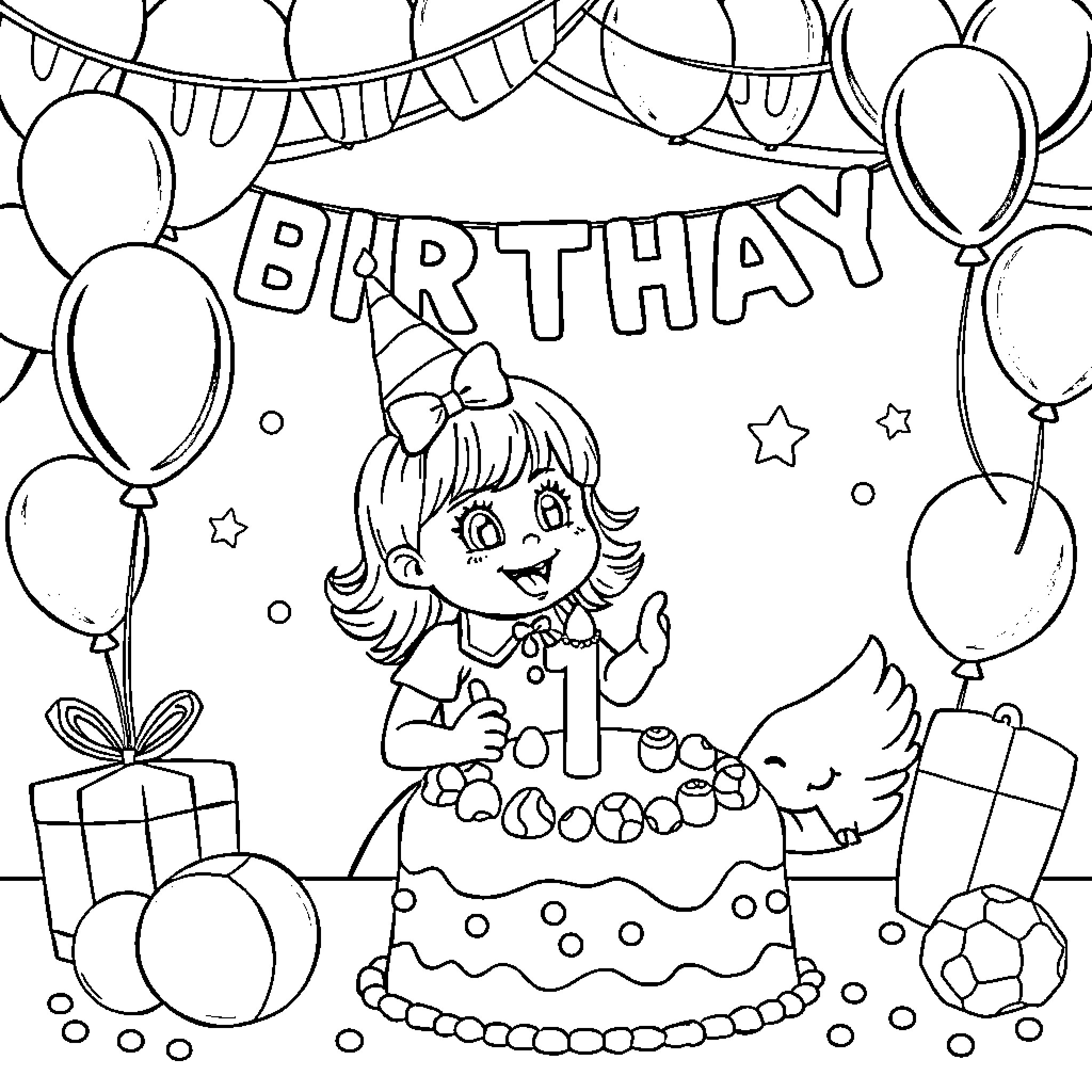 Goose celebrating a birthday party with balloons and cake Coloring Page (free black-and-white line drawing printable PDF for all, from beginners to advanced learners, including children, teens, adults, and seniors)