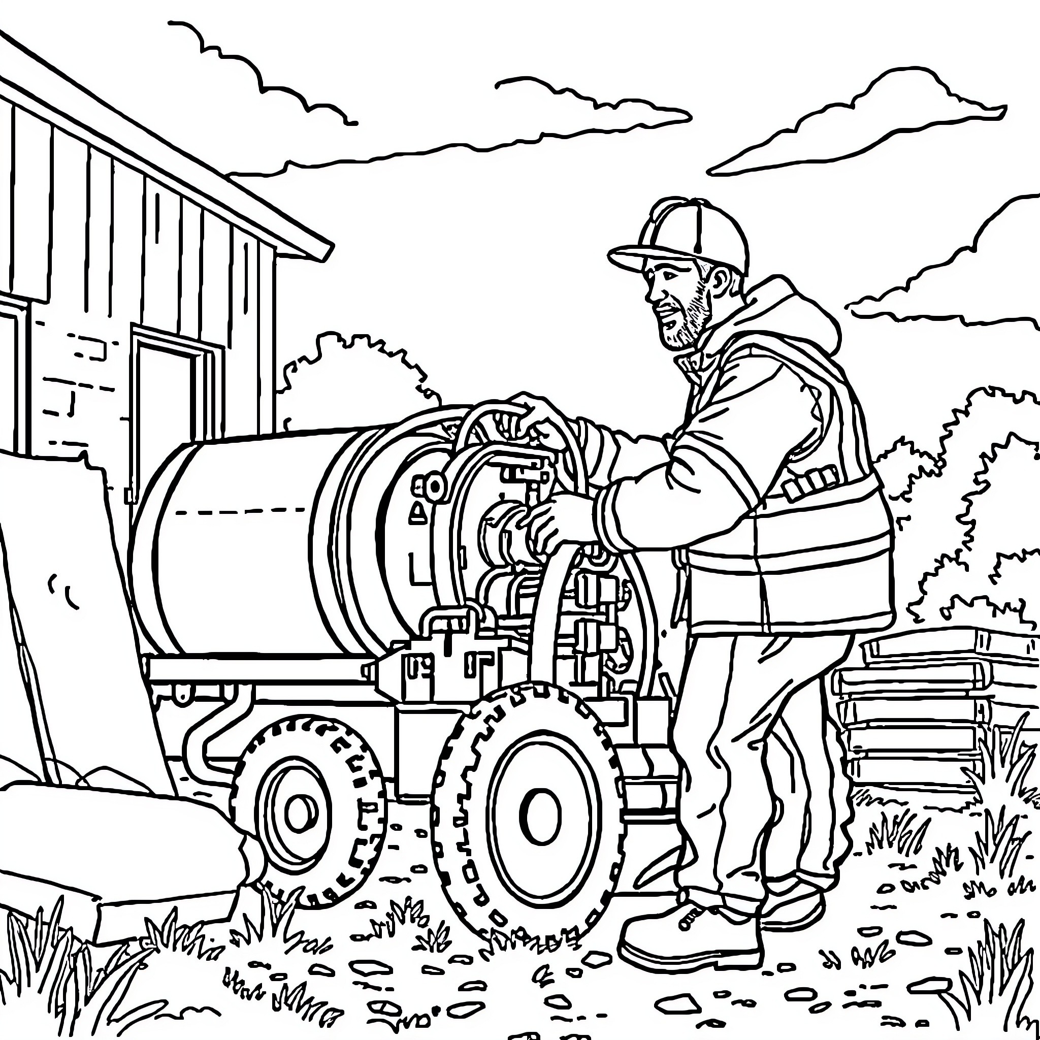 Ruben operating agricultural equipment in rural setting Coloring Page (free black-and-white line drawing printable PDF for all, from beginners to advanced learners, including children, teens, adults, and seniors)