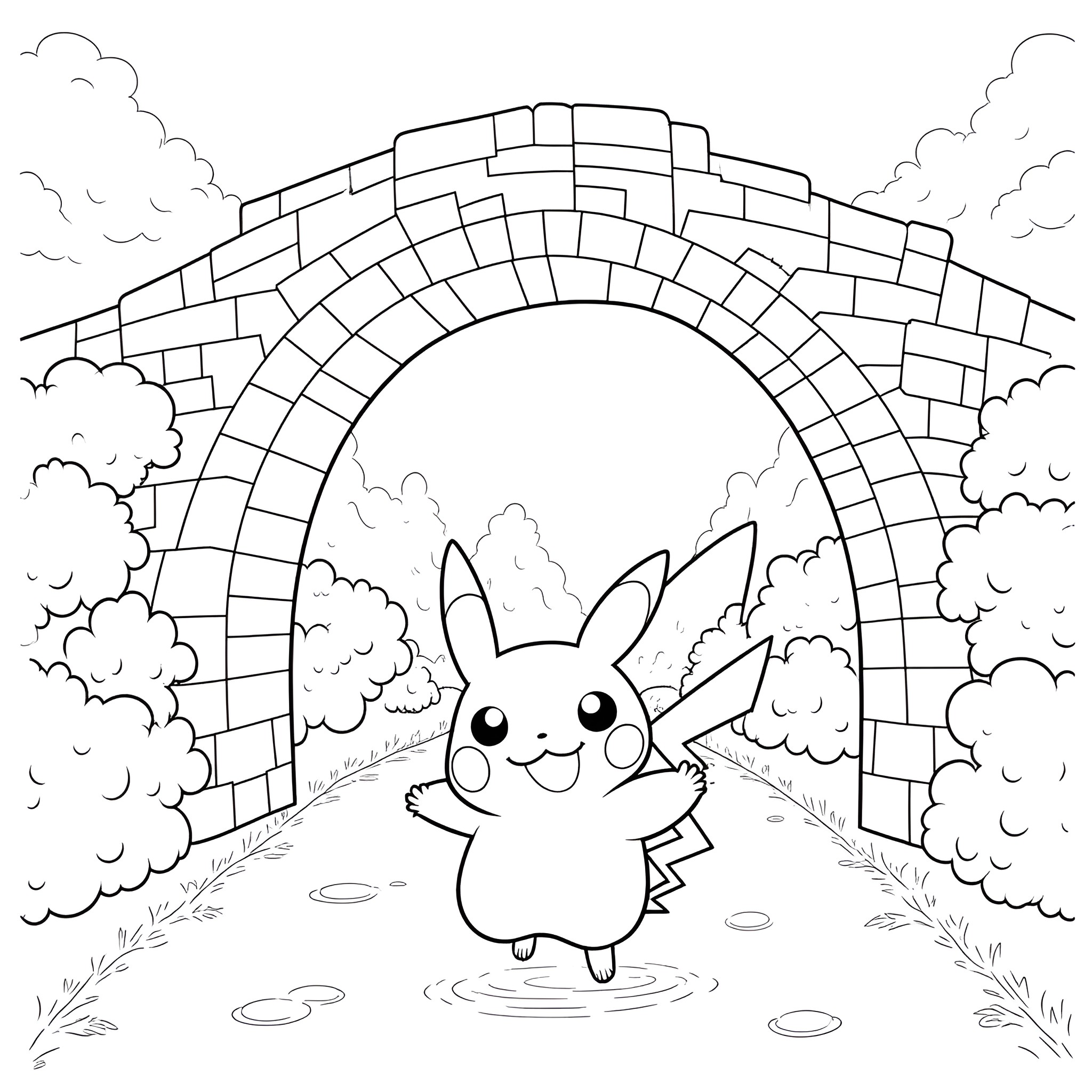 Pikachu exploring a magical archway in a whimsical landscape Coloring Page (free black-and-white line drawing printable PDF for all, from beginners to advanced learners, including children, teens, adults, and seniors)