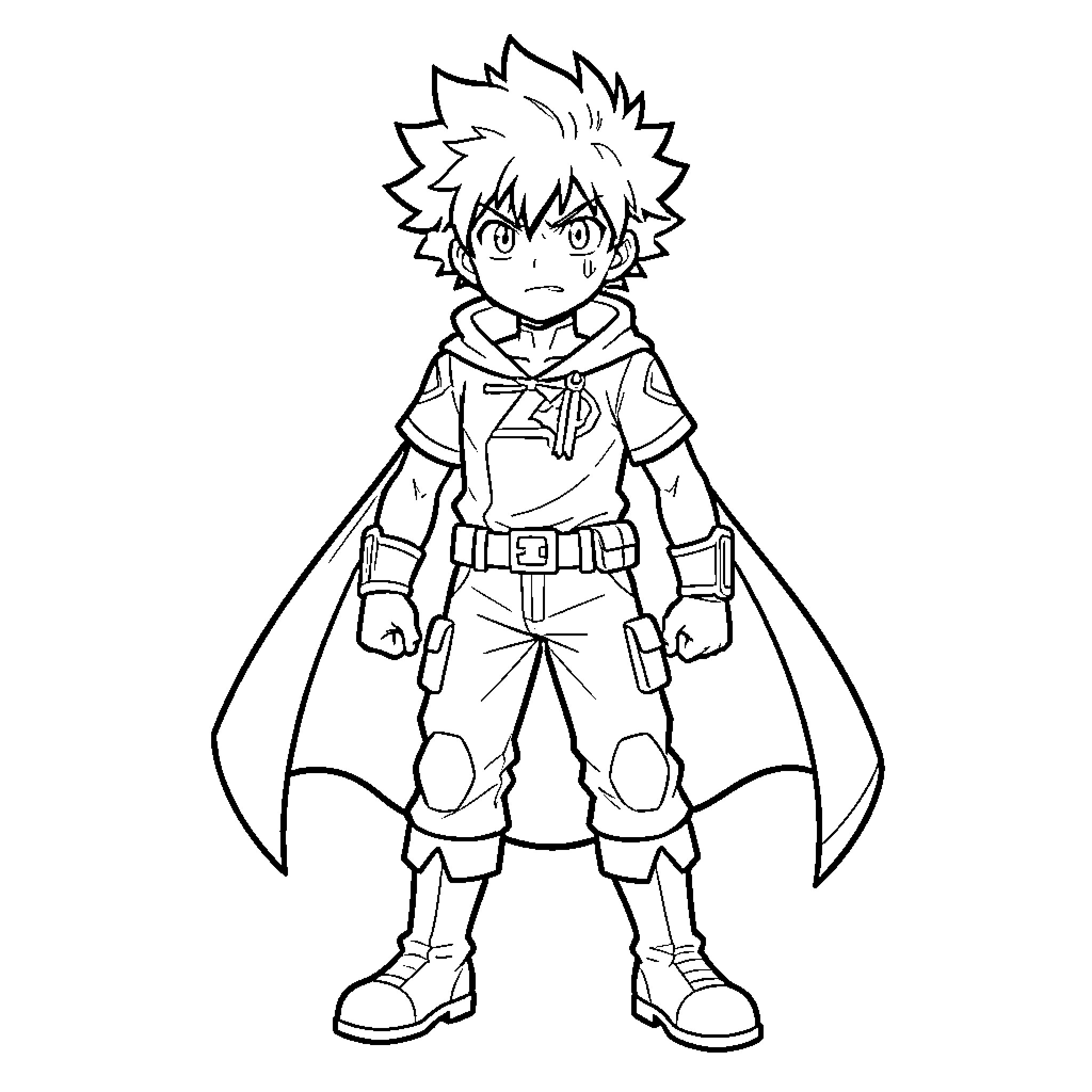 Izuku in Action Pose with Heroic Attire Coloring Page (free black-and-white line drawing printable PDF for all, from beginners to advanced learners, including children, teens, adults, and seniors)