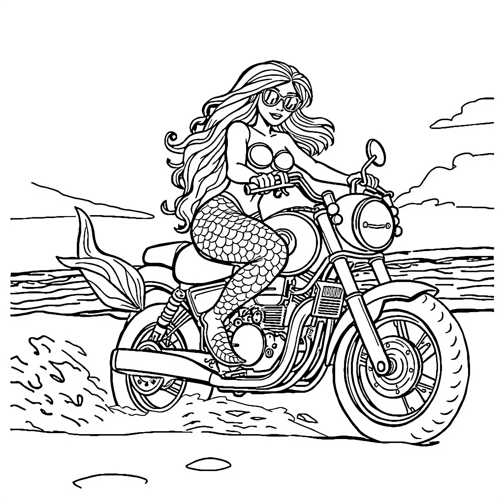 Mermaid riding a motorcycle on the beach Coloring Page (free black-and-white line drawing printable PDF for all, from beginners to advanced learners, including children, teens, adults, and seniors)