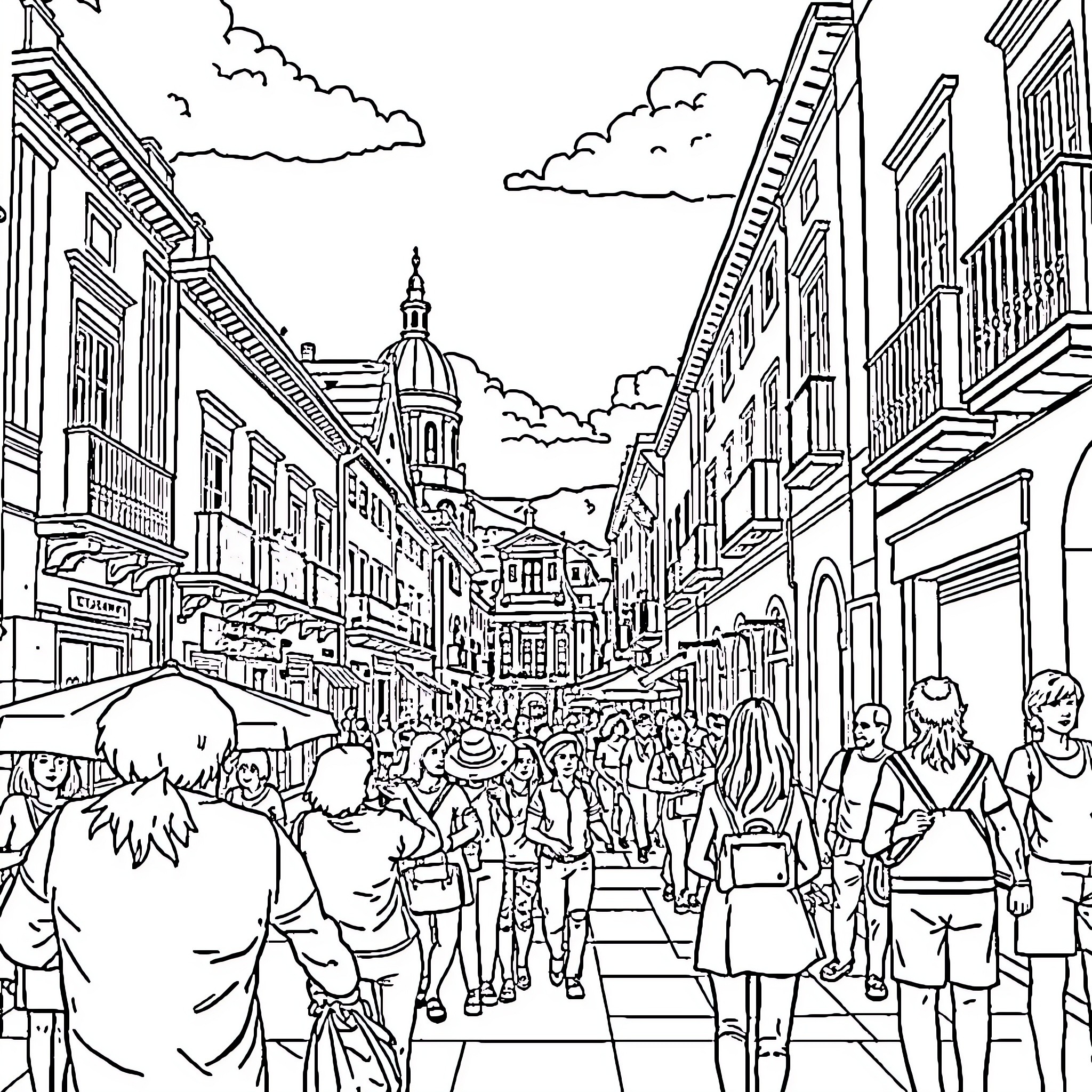 Candy Crowds Explore Vibrant City Street Coloring Page (free black-and-white line drawing printable PDF for all, from beginners to advanced learners, including children, teens, adults, and seniors)