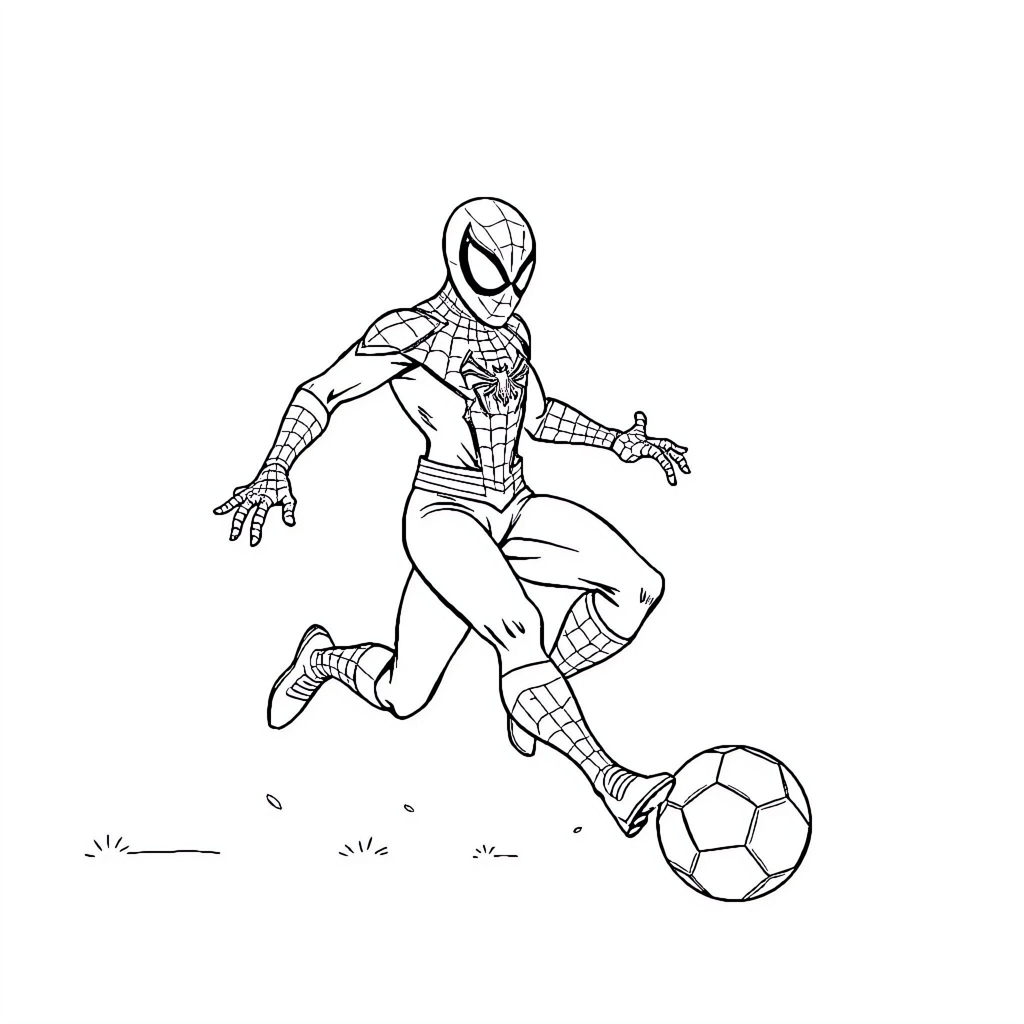 Spiderman playing soccer on the field Coloring Page (free black-and-white line drawing printable PDF for all, from beginners to advanced learners, including children, teens, adults, and seniors)