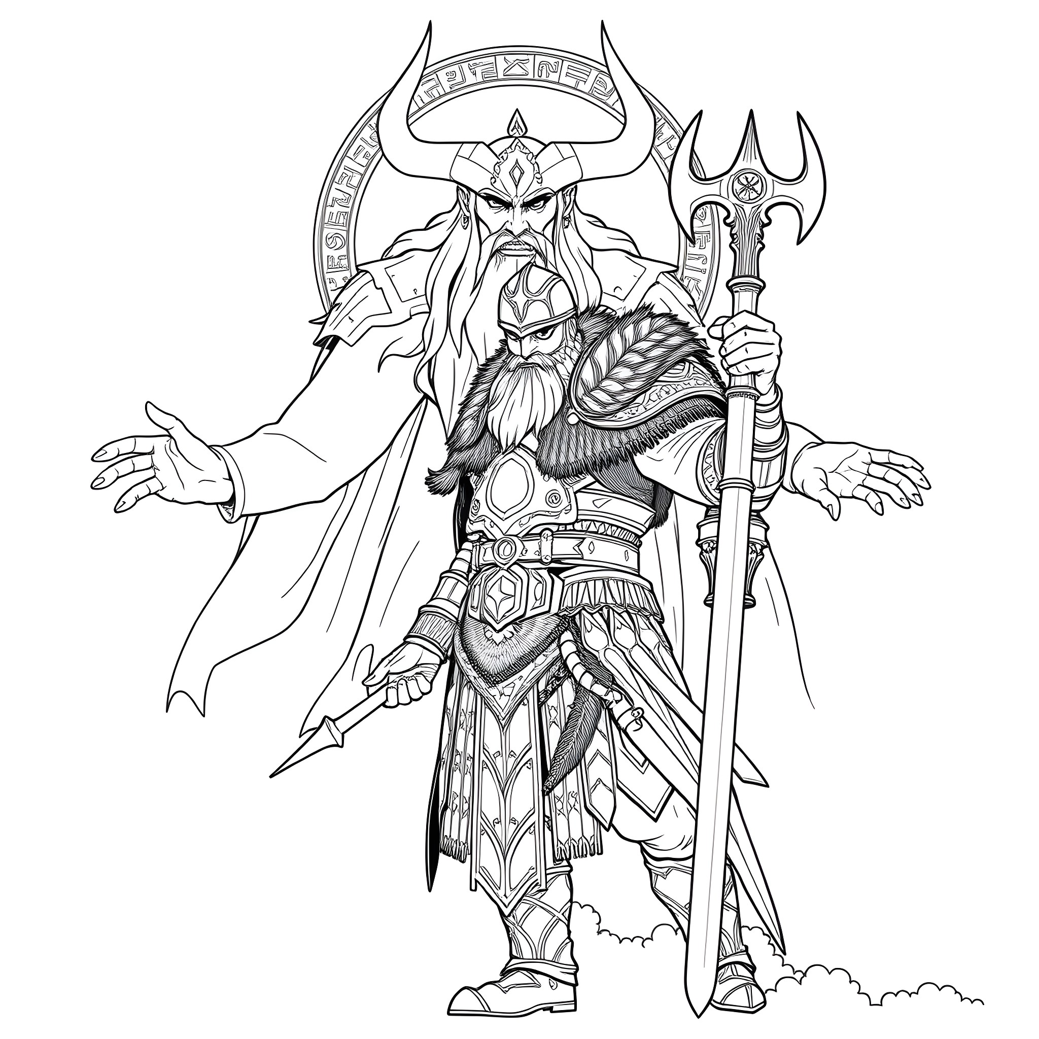 Viking Warrior in Majestic Attire and Wielding Powerful Weapon Coloring Page (free black-and-white line drawing printable PDF for all, from beginners to advanced learners, including children, teens, adults, and seniors)