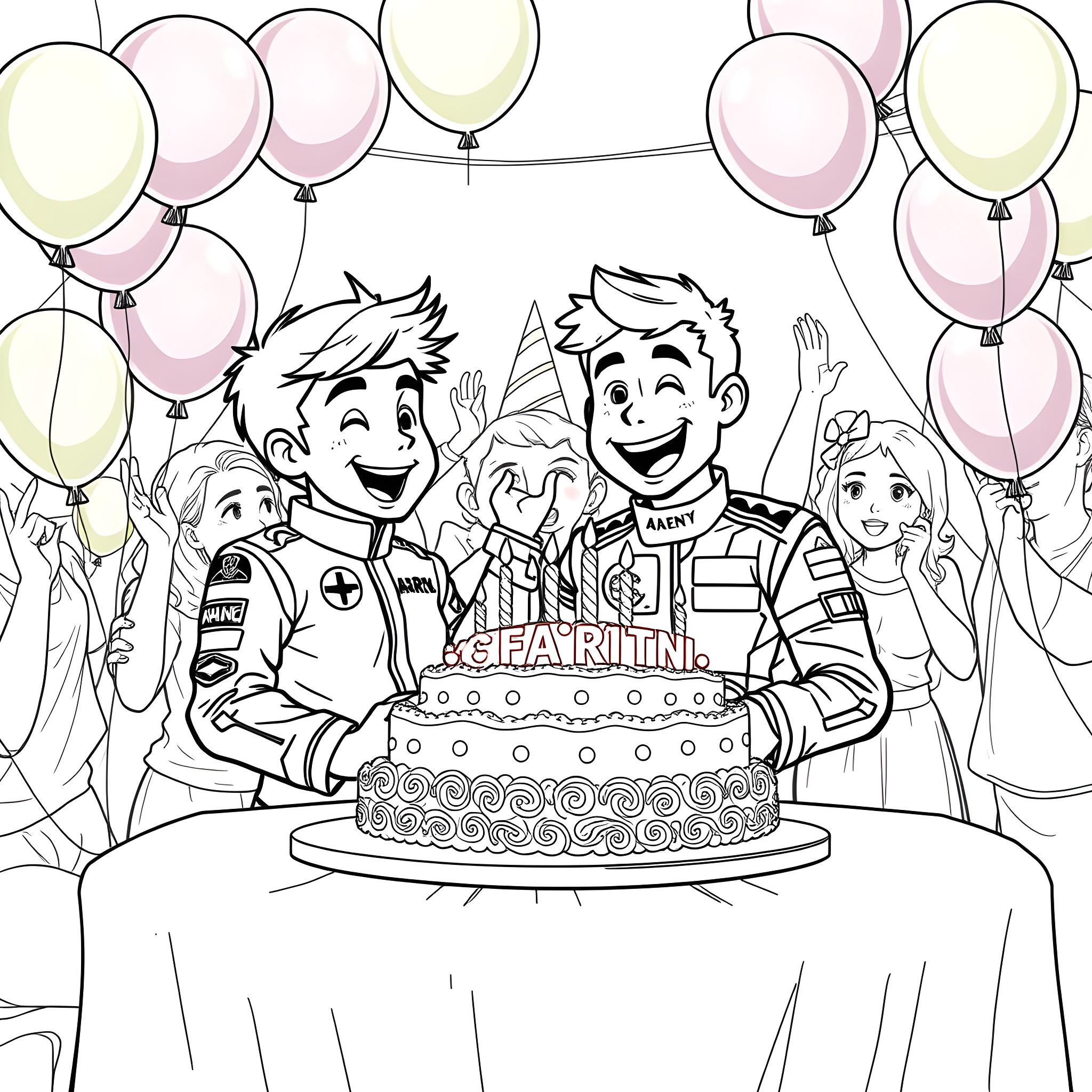 Lando Norris celebrating birthday with friends and family Coloring Page (free black-and-white line drawing printable PDF for all, from beginners to advanced learners, including children, teens, adults, and seniors)
