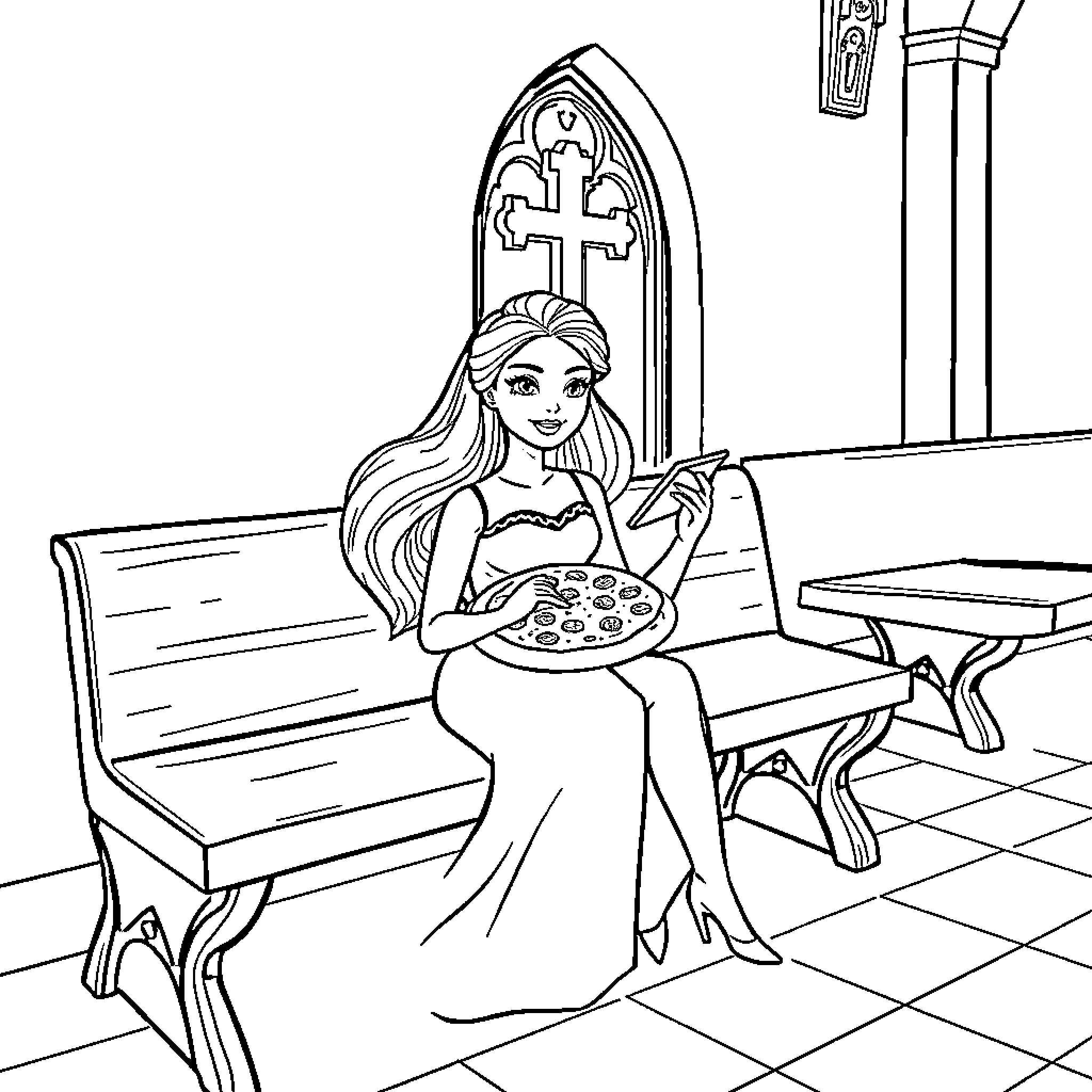 Barbie enjoys pizza in a church setting Coloring Page (free black-and-white line drawing printable PDF for all, from beginners to advanced learners, including children, teens, adults, and seniors)
