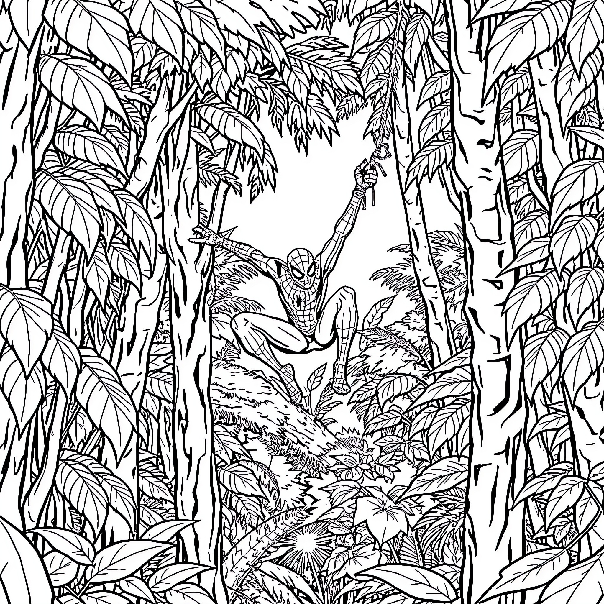 Spiderman exploring the lush jungle landscape Coloring Page (free black-and-white line drawing printable PDF for all, from beginners to advanced learners, including children, teens, adults, and seniors)