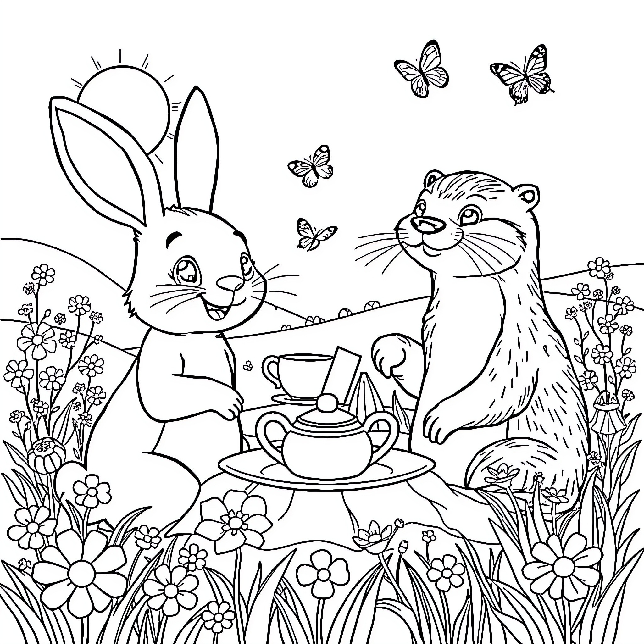 Rabbit and Otter Sharing Tea in Flower Garden Coloring Page (free black-and-white line drawing printable PDF for all, from beginners to advanced learners, including children, teens, adults, and seniors)