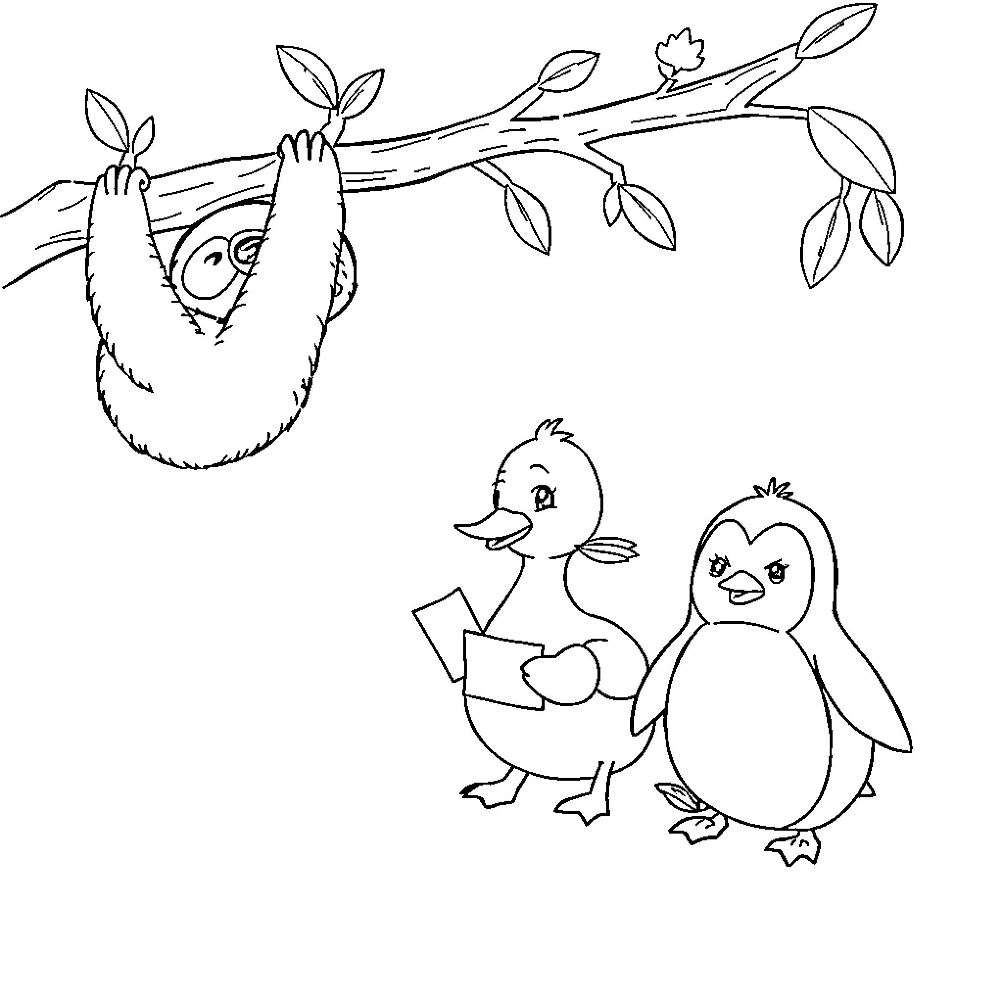 Sloth hanging on a tree branch with baby animals Coloring Page (free black-and-white line drawing printable PDF for all, from beginners to advanced learners, including children, teens, adults, and seniors)