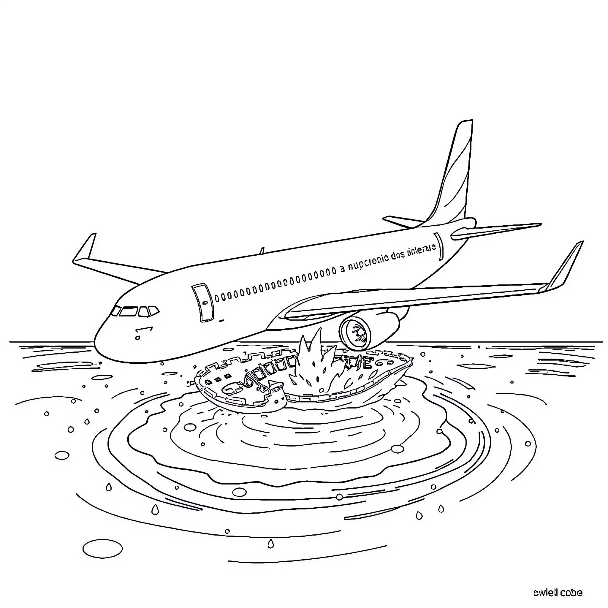 Airplane landing on water's surface Coloring Page (free black-and-white line drawing printable PDF for all, from beginners to advanced learners, including children, teens, adults, and seniors)