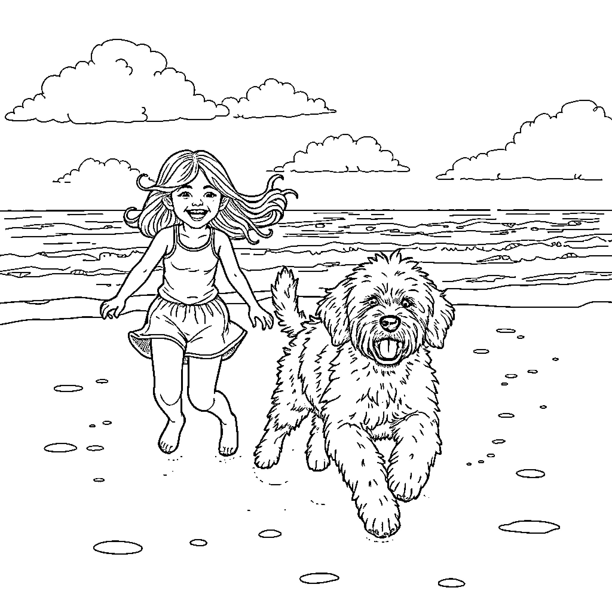 Girl playing with her dog by the beach Coloring Page (free black-and-white line drawing printable PDF for all, from beginners to advanced learners, including children, teens, adults, and seniors)