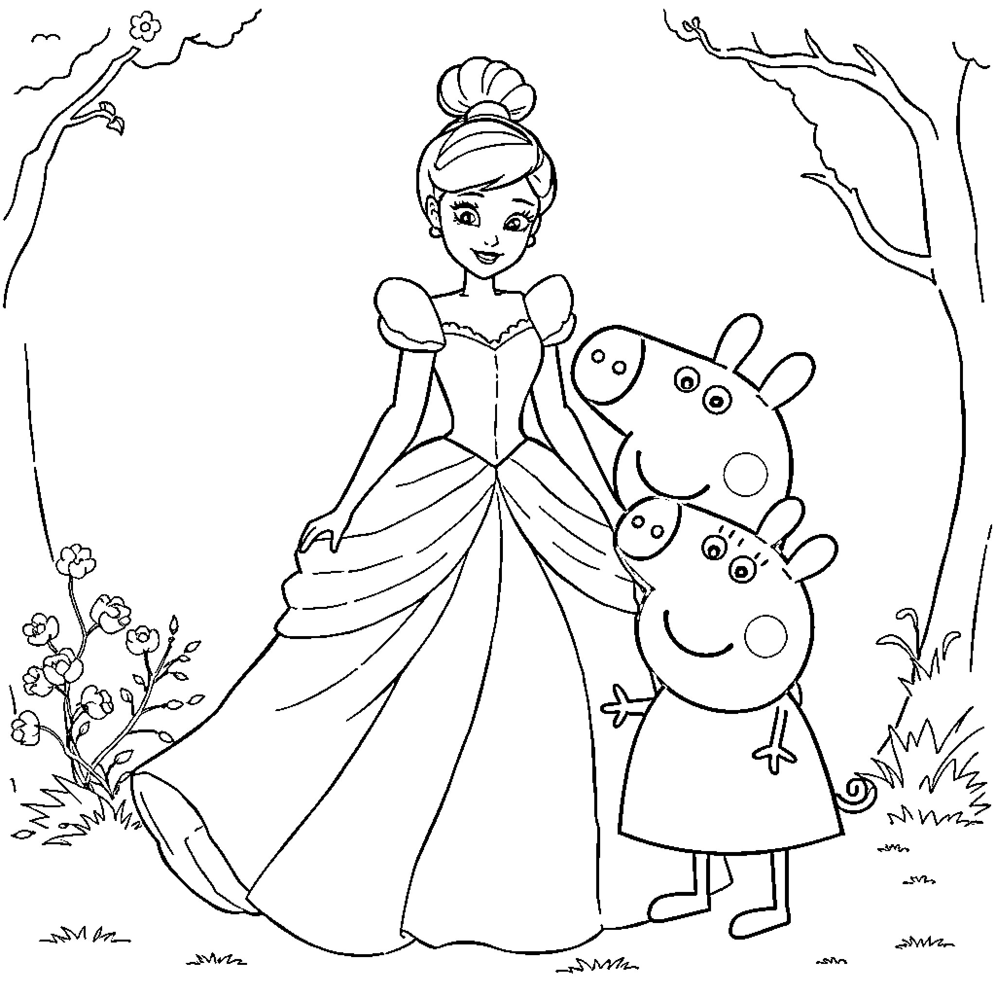 Cinderella's royal ball with Peppa Pig Coloring Page (free black-and-white line drawing printable PDF for all, from beginners to advanced learners, including children, teens, adults, and seniors)