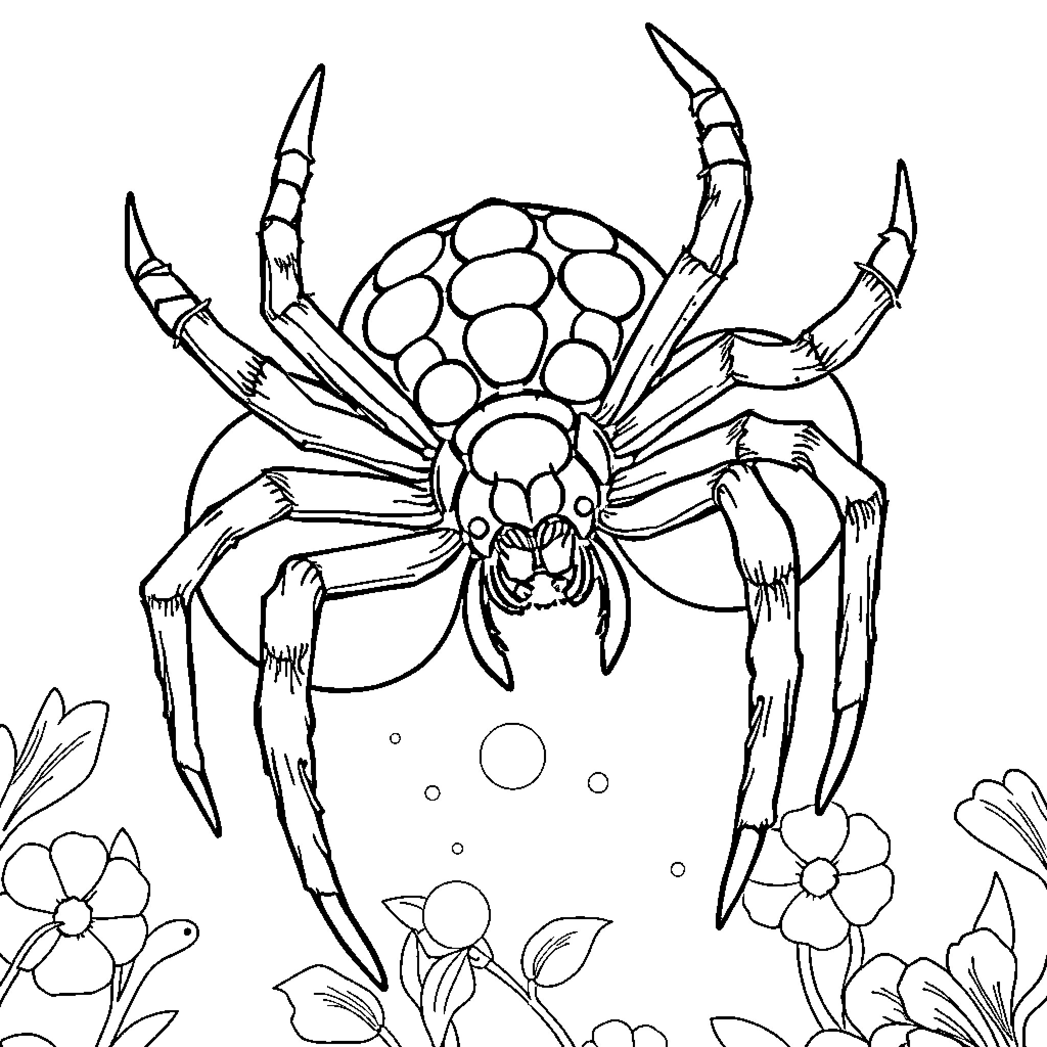 Spider scurrying amongst flowers and plants Coloring Page (free black-and-white line drawing printable PDF for all, from beginners to advanced learners, including children, teens, adults, and seniors)