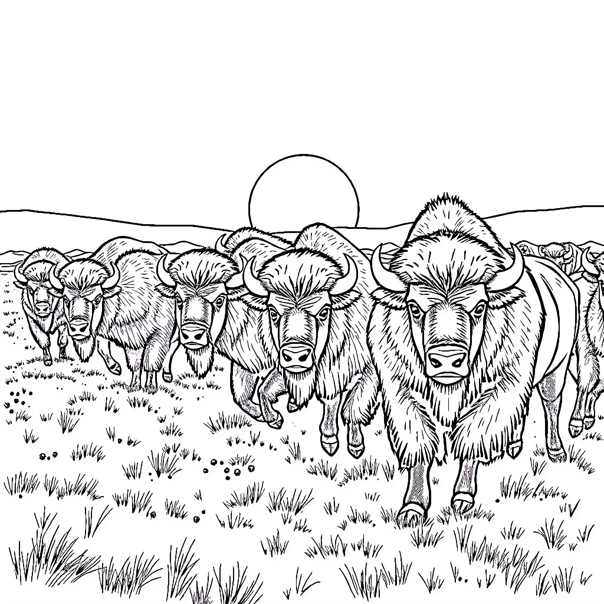 Bison herd grazing in the wilderness Coloring Page (free black-and-white line drawing printable PDF for all, from beginners to advanced learners, including children, teens, adults, and seniors)