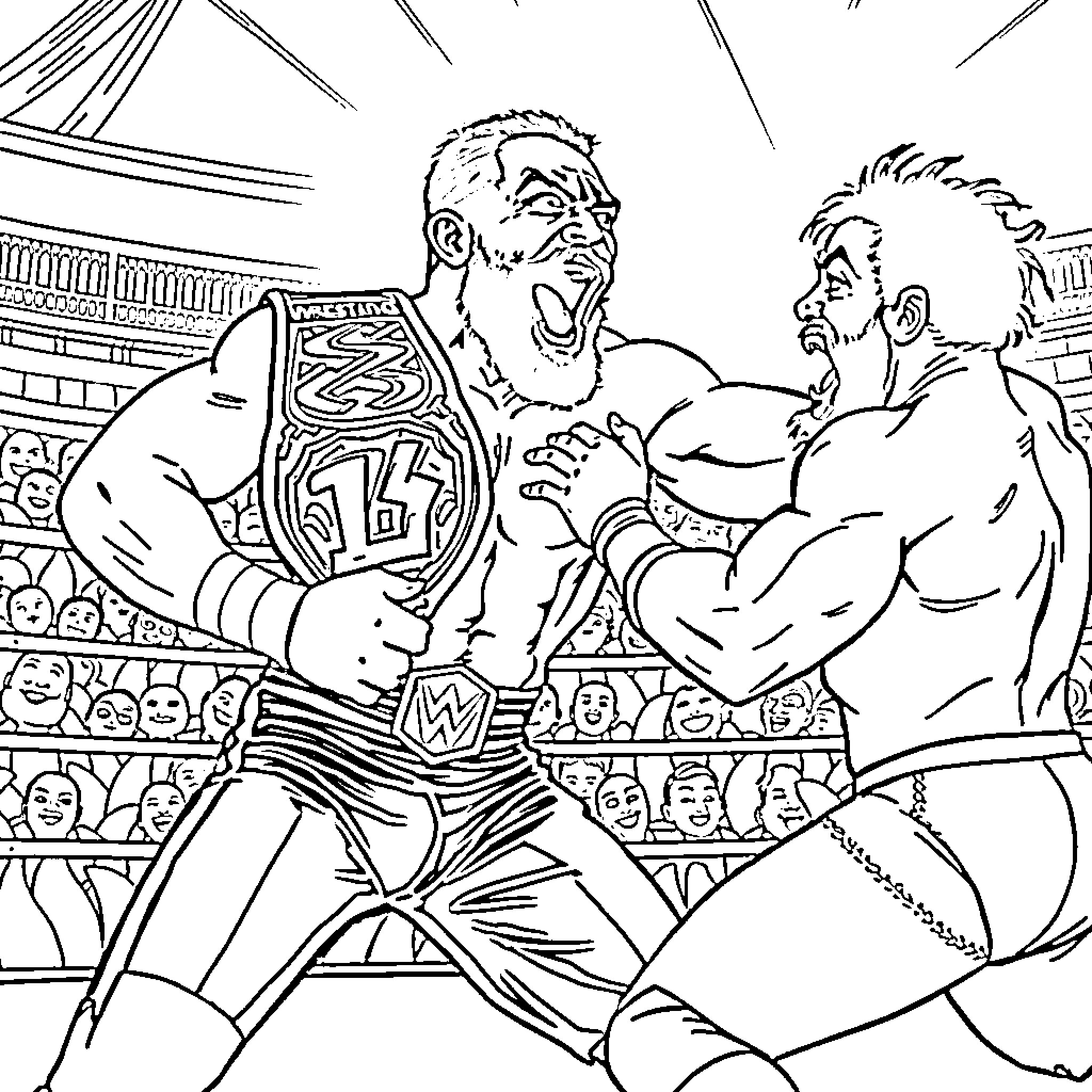 Jey Uso and opponent in wrestling match Coloring Page (free black-and-white line drawing printable PDF for all, from beginners to advanced learners, including children, teens, adults, and seniors)