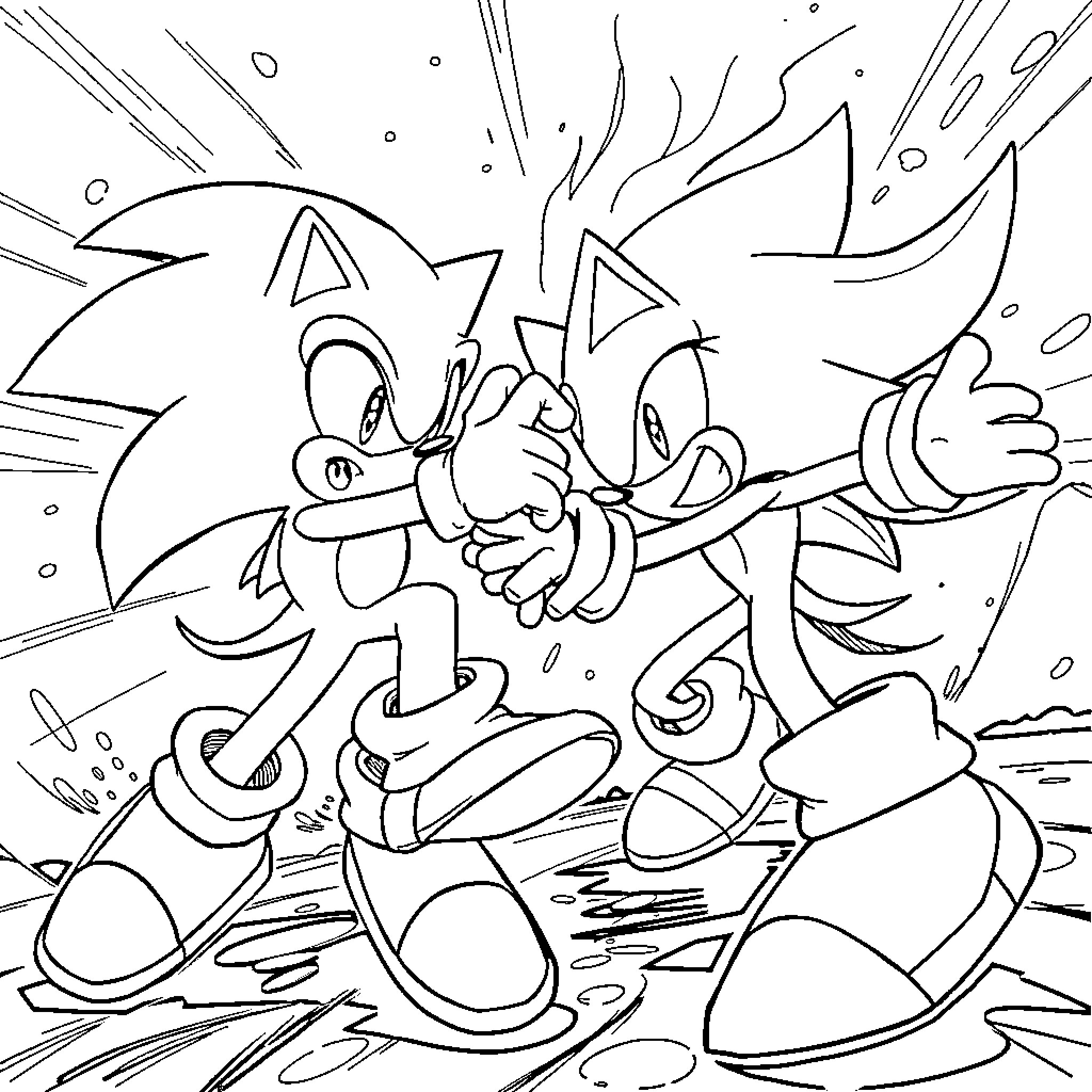 Sonic's Energetic Adventure with Friends Coloring Page (free black-and-white line drawing printable PDF for all, from beginners to advanced learners, including children, teens, adults, and seniors)