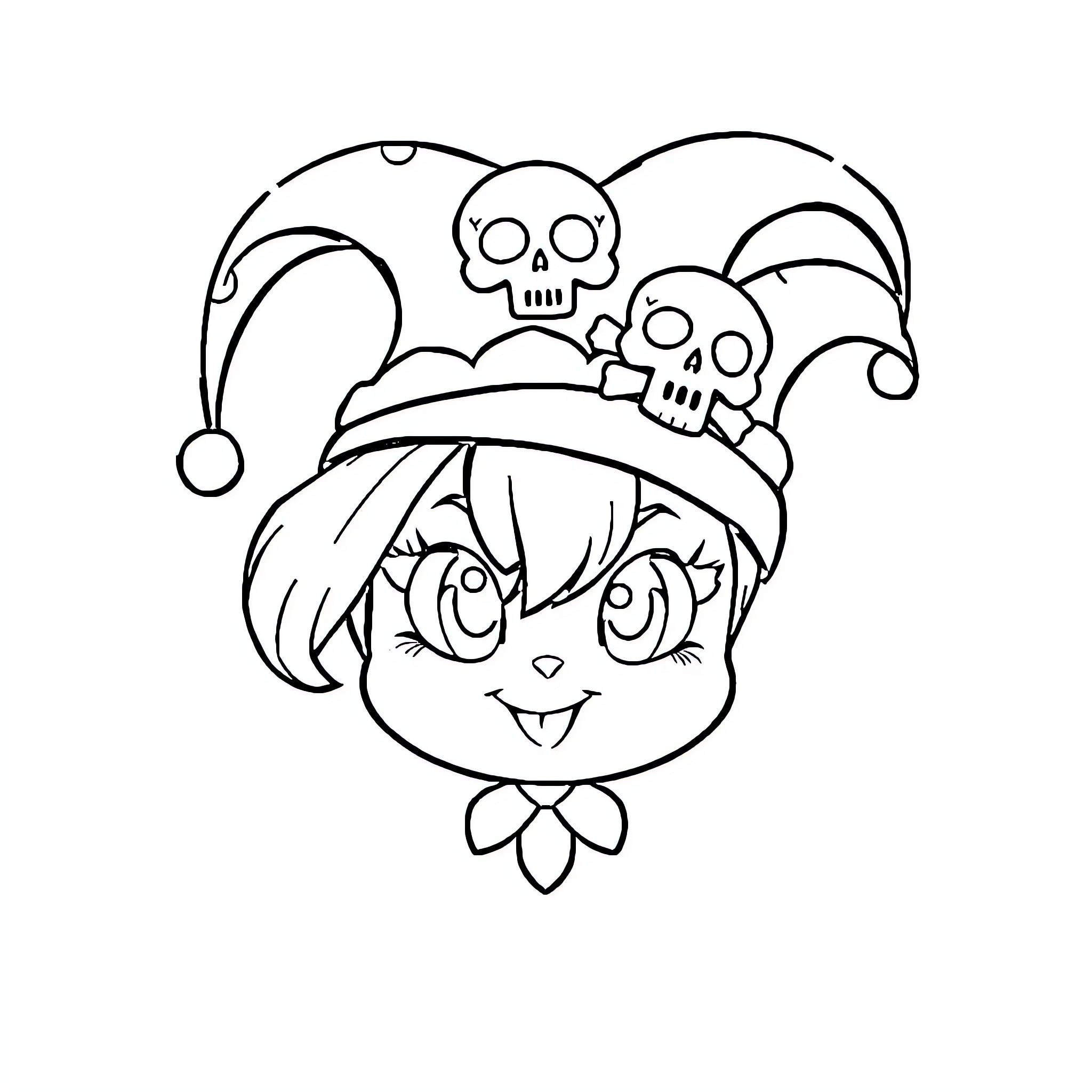 Kuromi in Jester Hat with Skulls Coloring Page (free black-and-white line drawing printable PDF for all, from beginners to advanced learners, including children, teens, adults, and seniors)