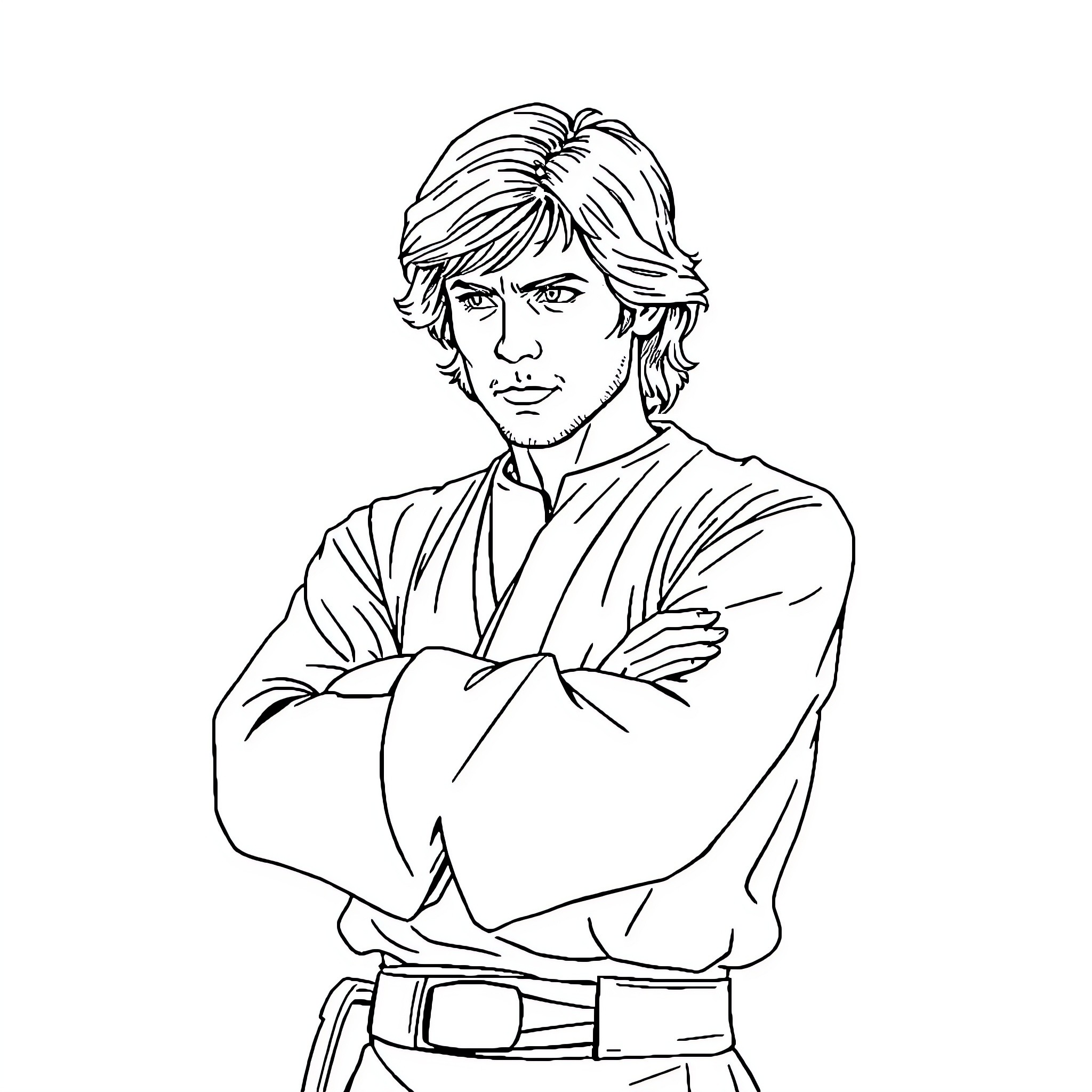 Luke Skywalker in resolute pose Coloring Page (free black-and-white line drawing printable PDF for all, from beginners to advanced learners, including children, teens, adults, and seniors)